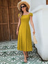 Women's Linen-Cotton Midi Dress - Versatile Off-Shoulder Design With Adjustable Tie-Back And Split Hem In Yellow, Green, And Orange - Evallys.com # #