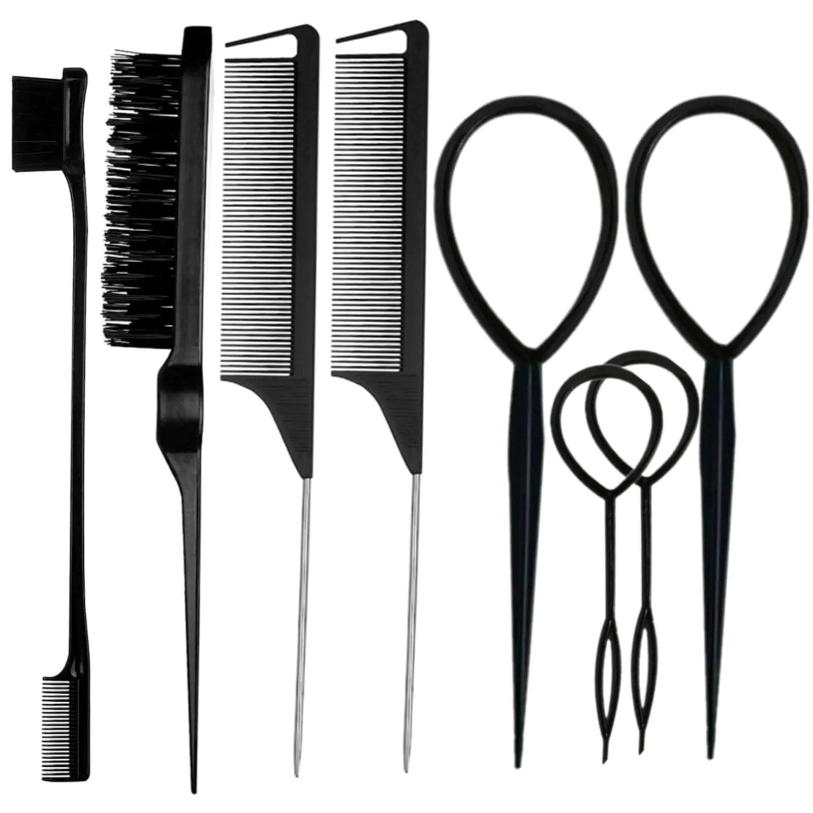 8Pcs Black Hair Brushes Set with 4Pcs Topsy Tail Tools, Teasing Bristle Brush, Edge Control Brush, and 2Pcs Metal Pin Rat Tail Combs for Women's Hair Styling and Brushing - Evallys.com # #