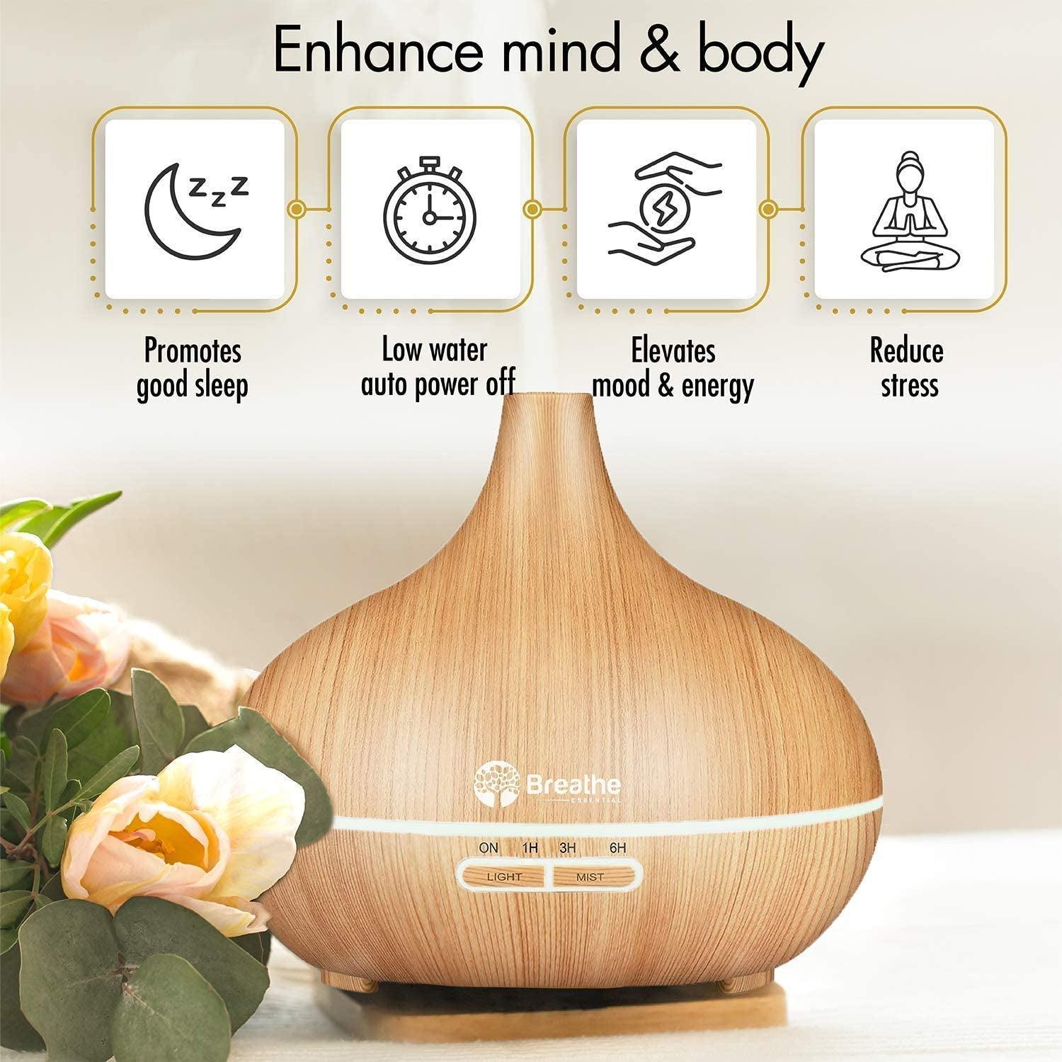 Oil Diffuser | 550Ml Diffusers for Essential Oils with Cleaning Kit & Measuring Cup, 18 Hour Runtime, 16 LED Light Settings & Auto Power off (Natural Oak) - Evallys.com # #