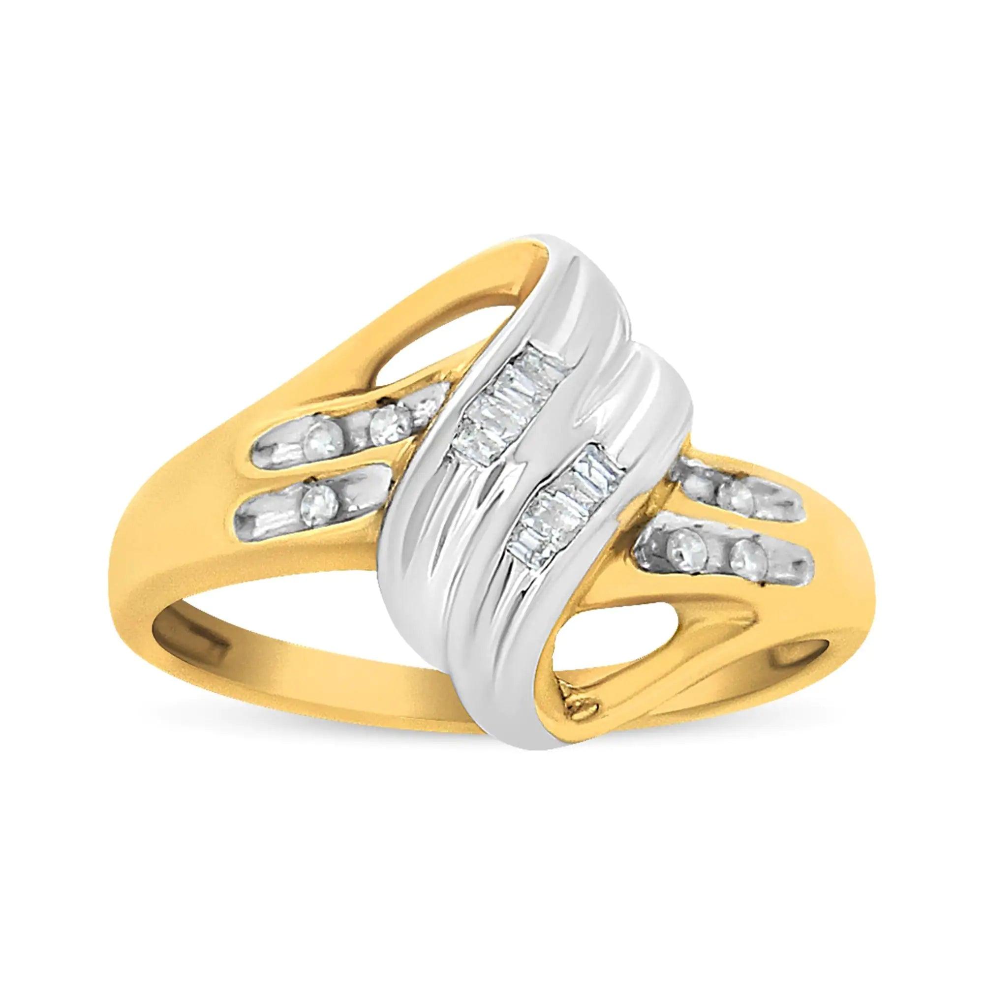 10K Yellow and White Gold 1/10 Cttw Baguette and Round-Cut Diamond Bypass Ring (I2 Color, H-I Clarity) - Evallys.com # #