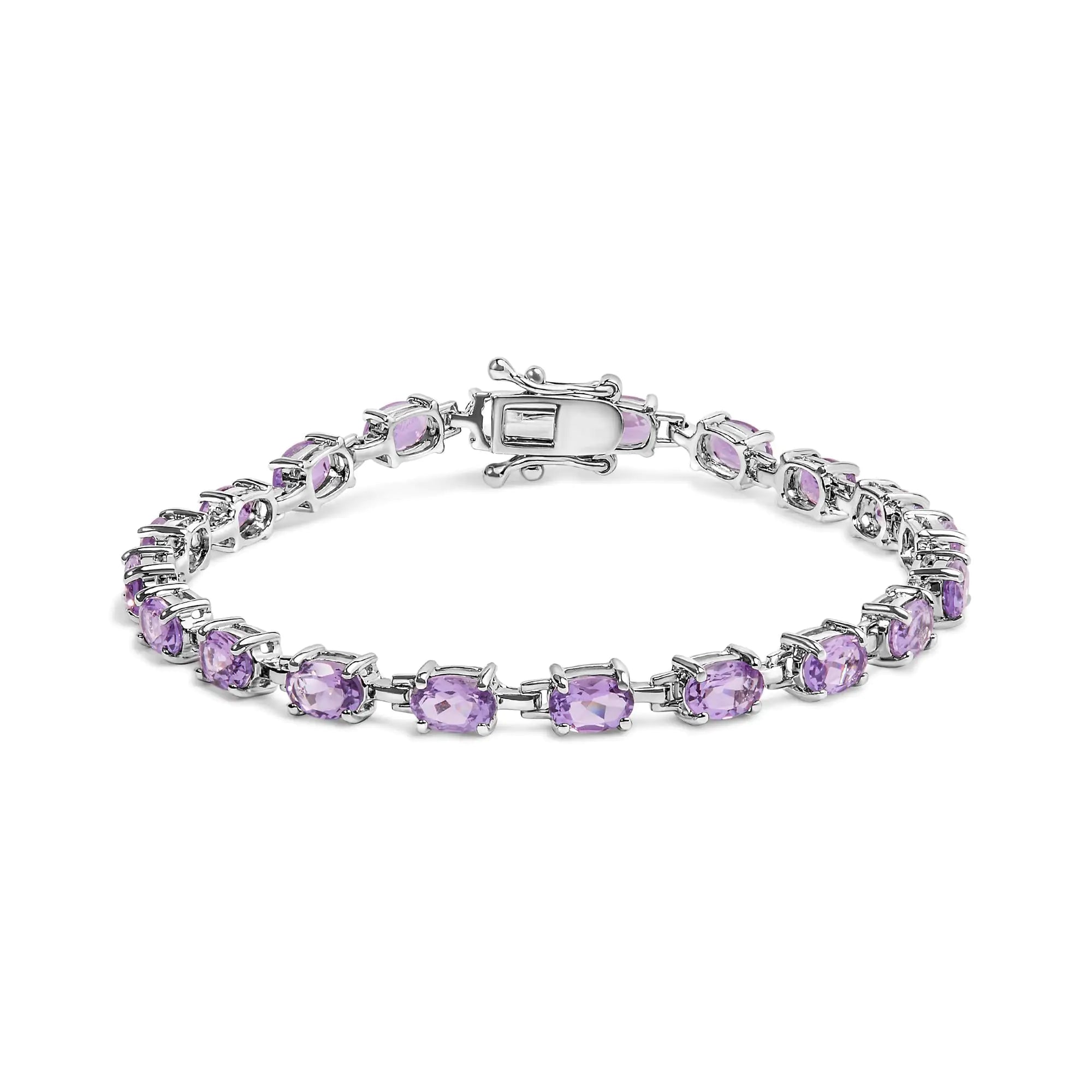 .925 Sterling Silver 8 1/2 Cttw Oval Shaped Purple Amethyst Link Bracelet - 7" Inches - Evallys.com # #