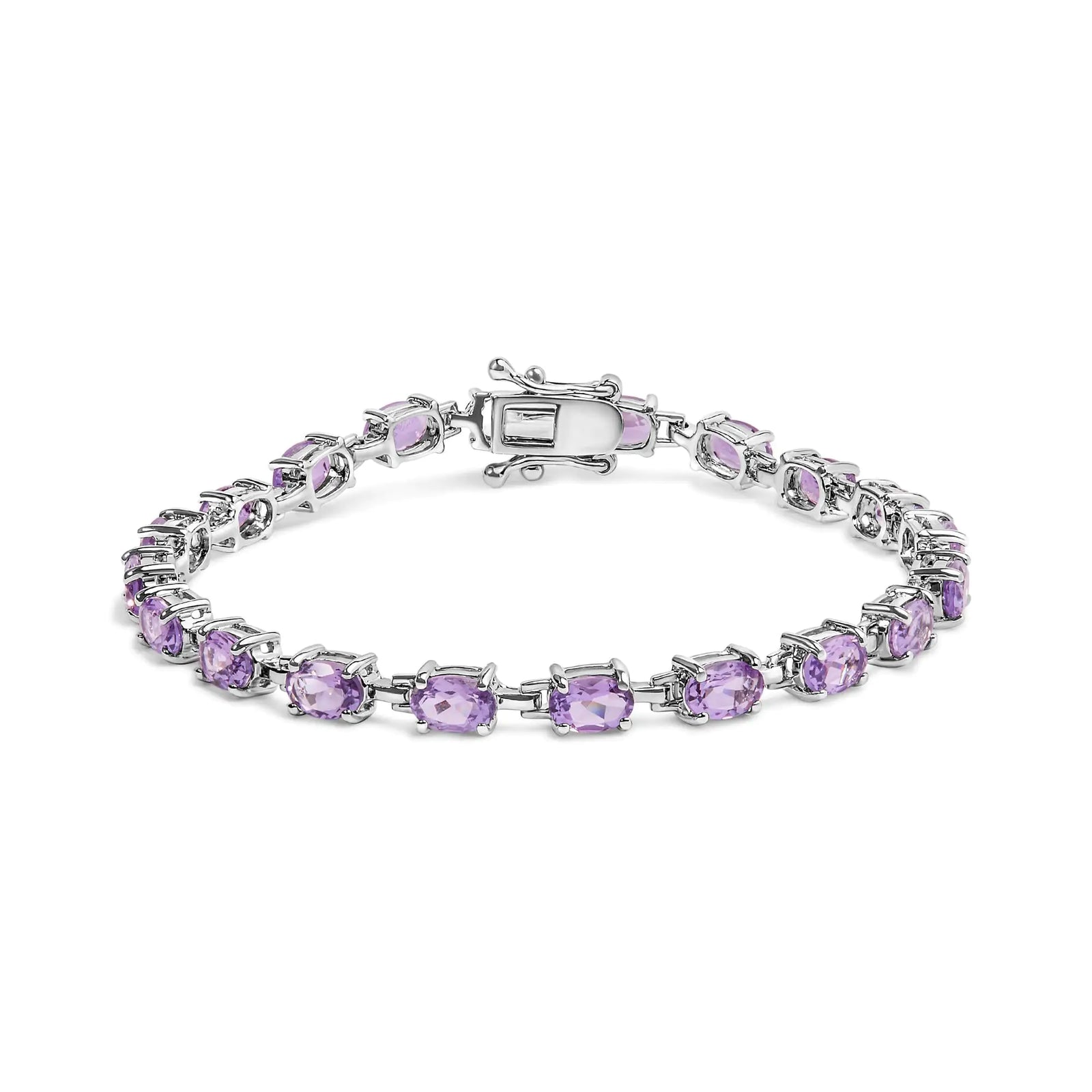 .925 Sterling Silver 8 1/2 Cttw Oval Shaped Purple Amethyst Link Bracelet - 7