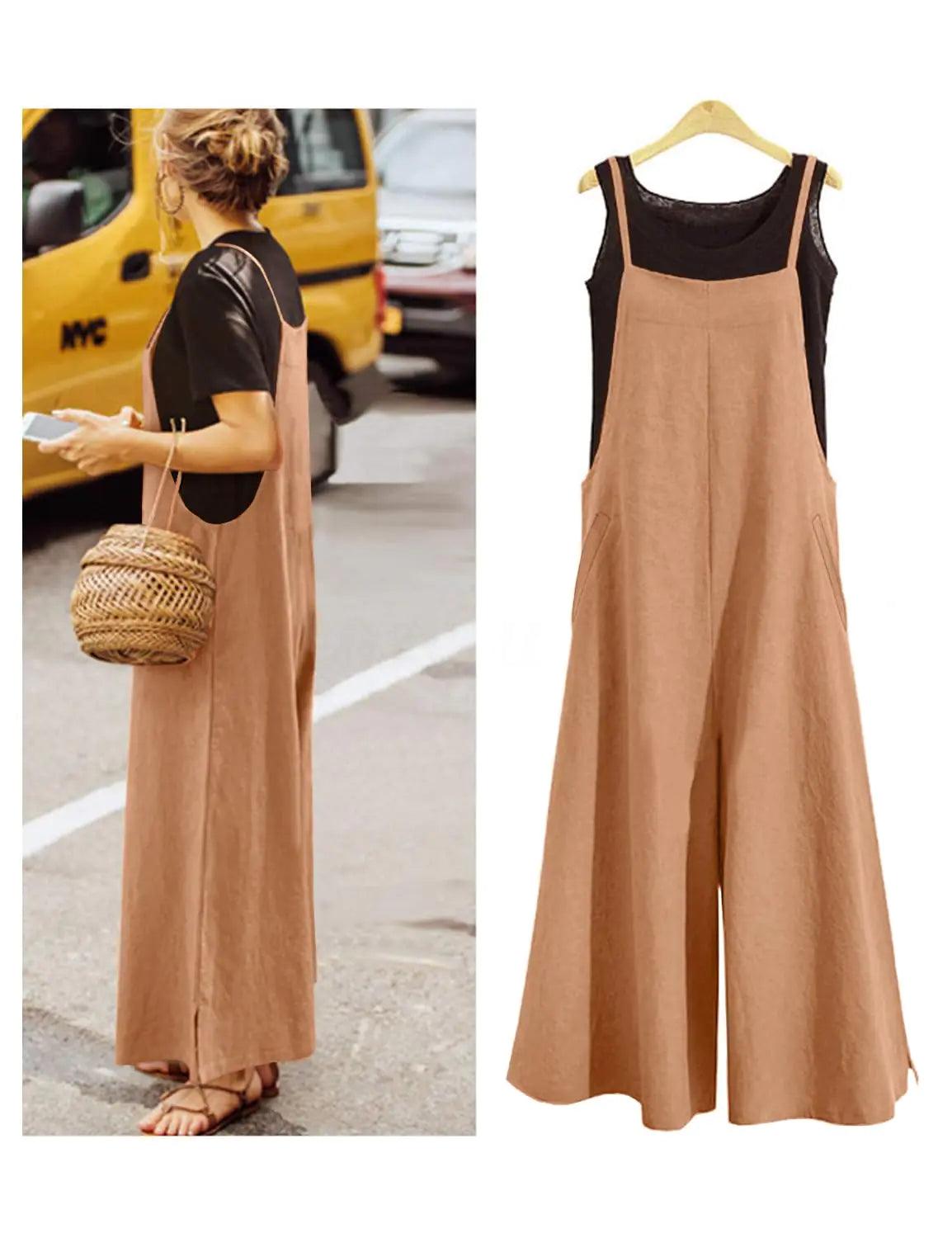 YESNO Women Casual Loose Long Bib Pants Wide Leg Jumpsuits Baggy Cotton Rompers Overalls with Pockets PZZTYP2 3X-Large Apricot - Evallys.com # #