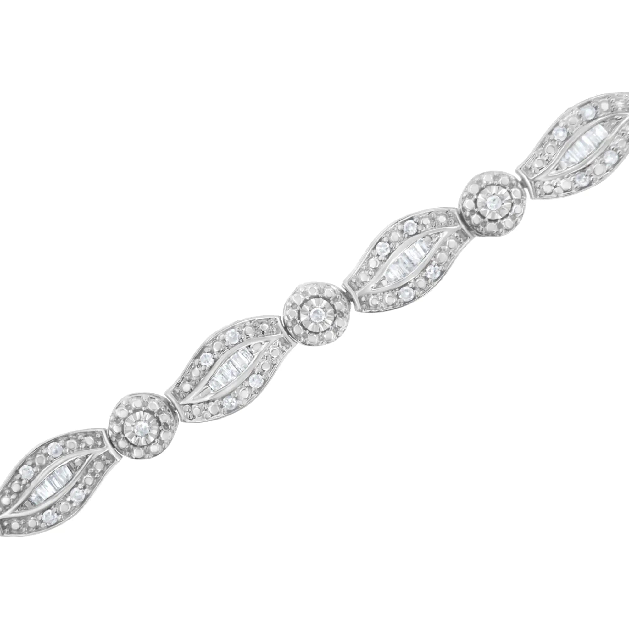 .925 Sterling Silver 1 cttw Diamond Double Leaf and Bezel Link Bracelet (I-J Clarity, I2-I3 Color) - Size 7.25" - Evallys.com # #