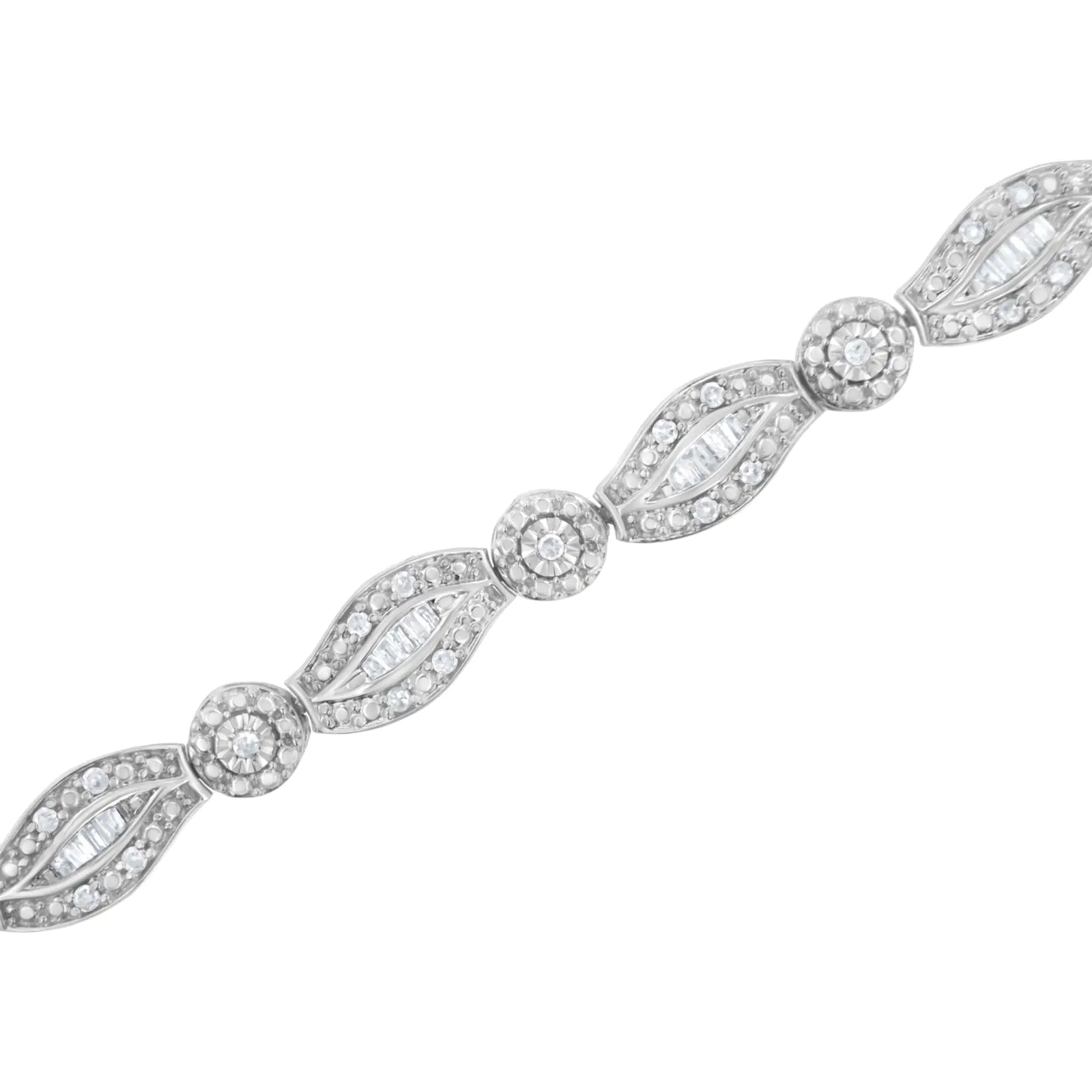 .925 Sterling Silver 1 cttw Diamond Double Leaf and Bezel Link Bracelet (I-J Clarity, I2-I3 Color) - Size 7.25