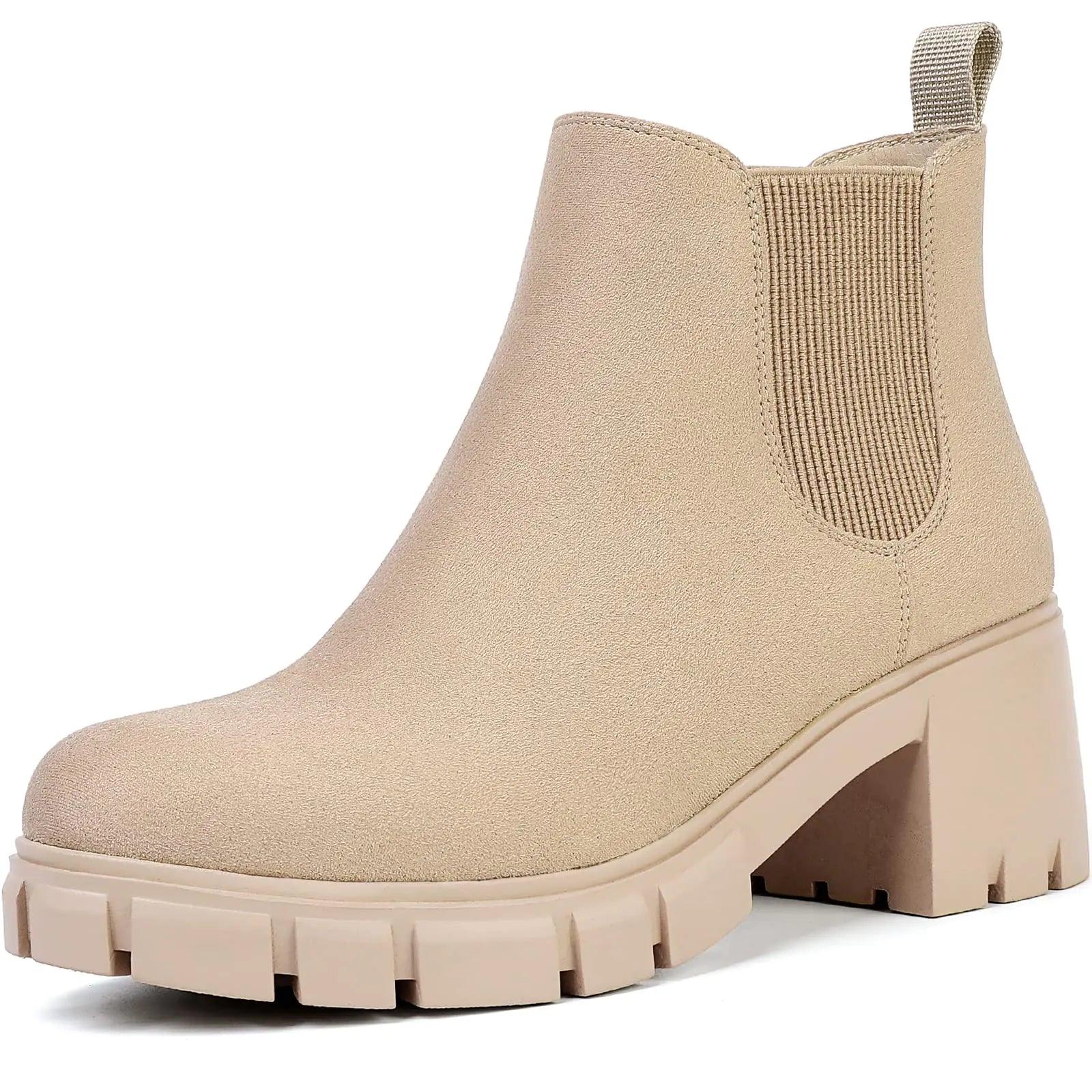 Women Chelsea Boots Comfortable Lug Sole Slip On Ankle Booties 7.5 Nude - Evallys.com # #