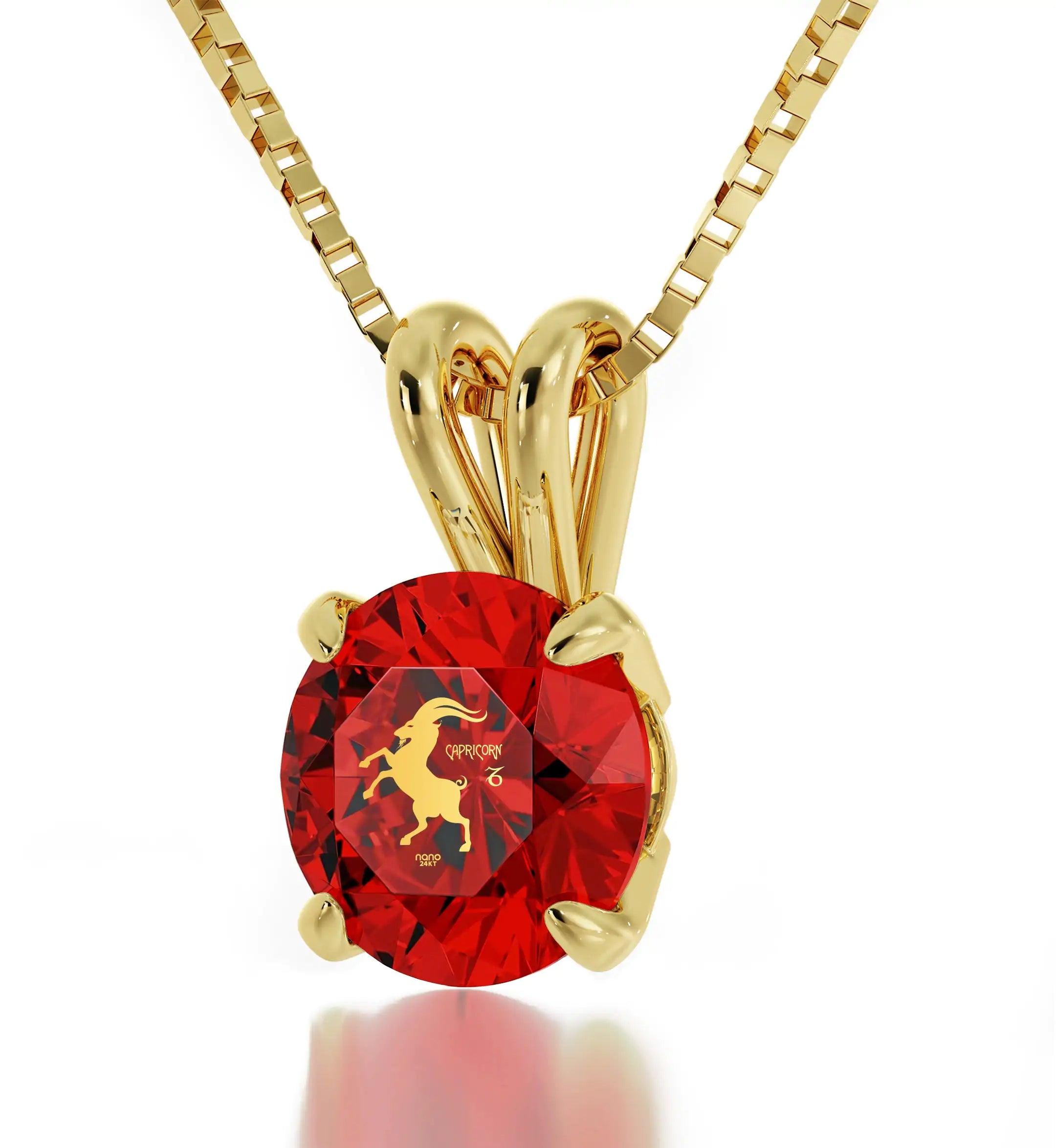 14k Yellow Gold Capricorn Necklace Zodiac Pendant 24k Gold inscribed on Crystal - Evallys.com # #