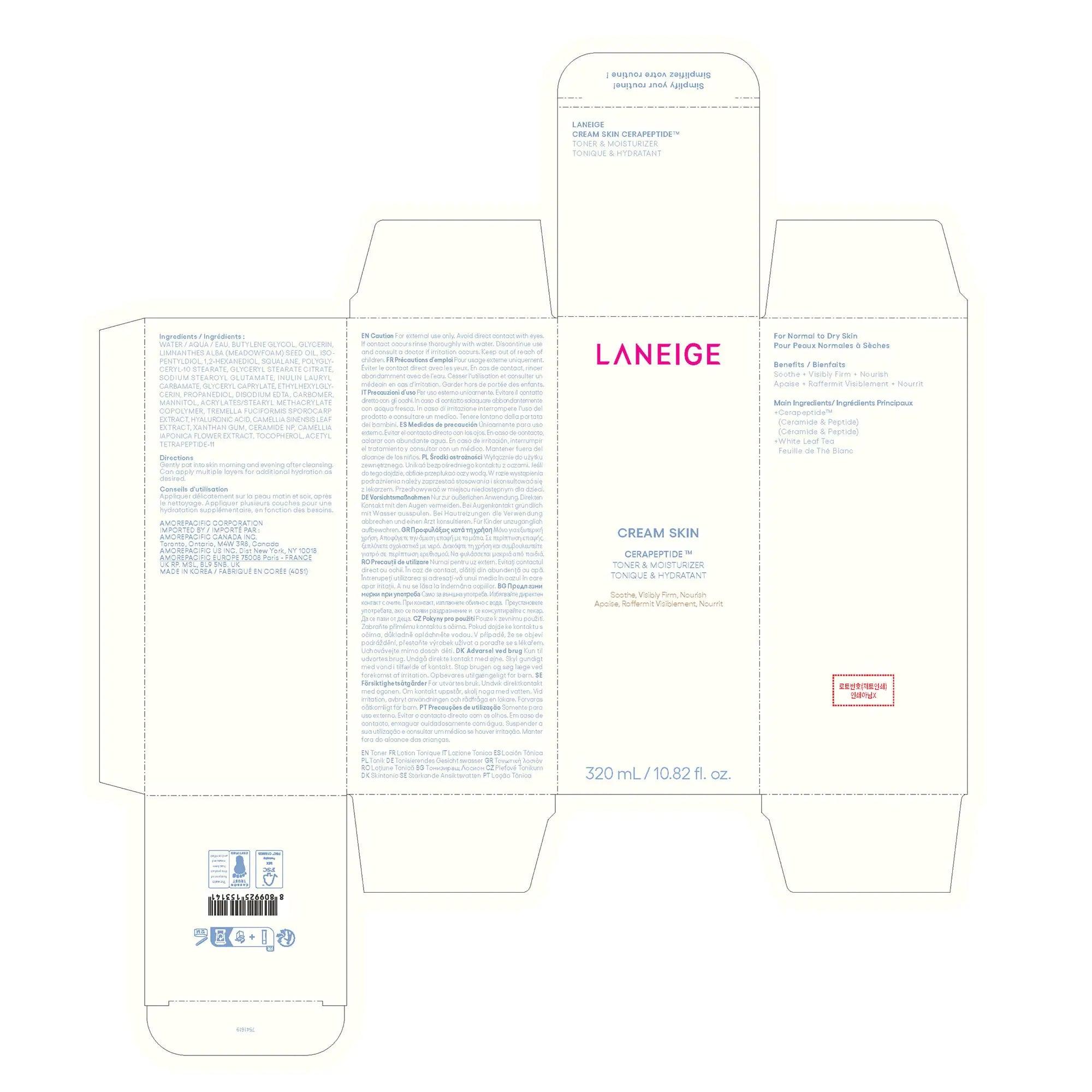 LANEIGE Cream Skin Refillable Toner & Moisturizer with Ceramides and Peptides: Korean Milky Toner, Amino Acid, Nourish, Hydrate, Barrier-Boosting, Visibly Firm 10.8 oz / 320 ml - Evallys.com # #