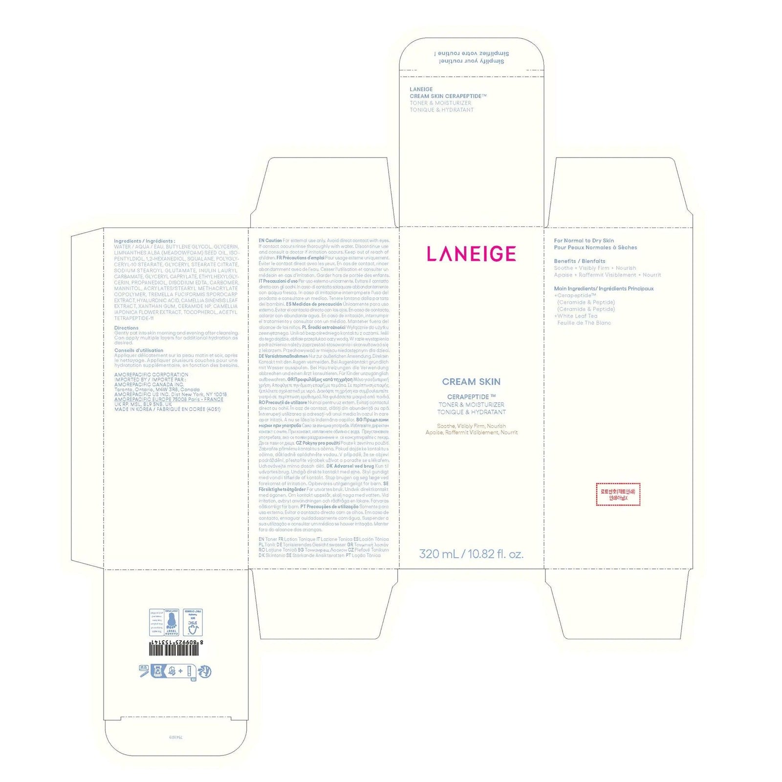 LANEIGE Cream Skin Refillable Toner & Moisturizer with Ceramides and Peptides: Korean Milky Toner, Amino Acid, Nourish, Hydrate, Barrier-Boosting, Visibly Firm 10.8 oz / 320 ml - Evallys.com # #