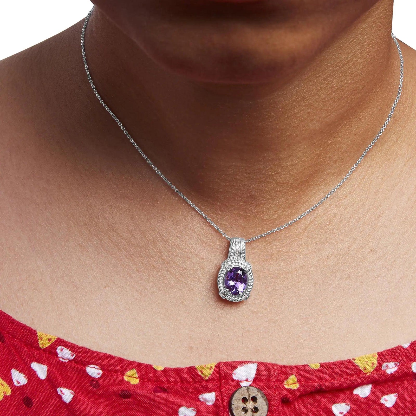 .925 Sterling Silver 9x7mm Oval Purple Amethyst and Round Diamond Accent Fashion Drop Pendant 18 Inch Necklace (I-J Color, I1-I2 Clarity) - Evallys.com # #