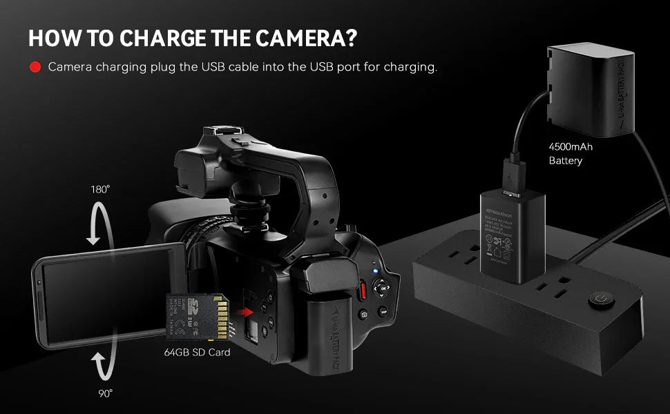 UHD 4k Video Camera Camcorder with 18X Digital Zoom,64MP Digital Camera Recorder,4.0-inch Rotating Touchscreen,64GB SD Card,Micr - Evallys.com