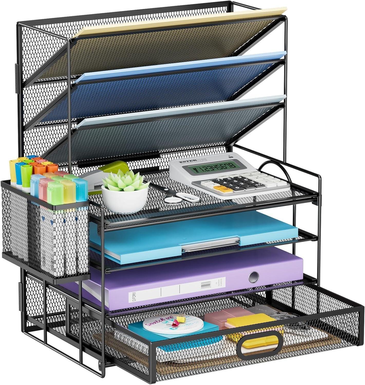 Marbrasse 2 Pack Desk Organizer with Handle, 5 Tier Paper Organizer Letter Tray Organizer, Mesh Desk File Organizer for Office, School and Home - Evallys.com # #