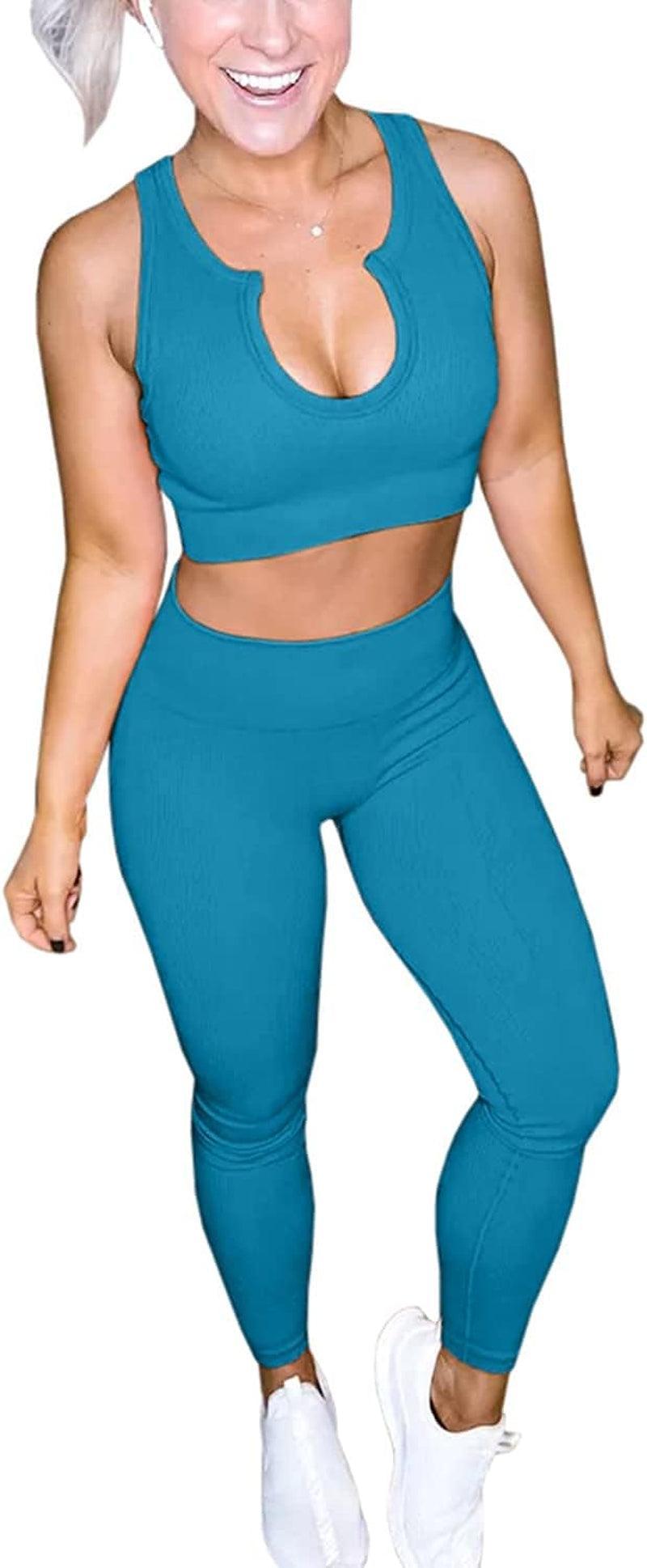 QINSEN Women'S Yoga Workout Outfits 2 Piece High Waisted Leggings with Sports Bra Gym Clothes Sets Light Blue S - Evallys.com # #