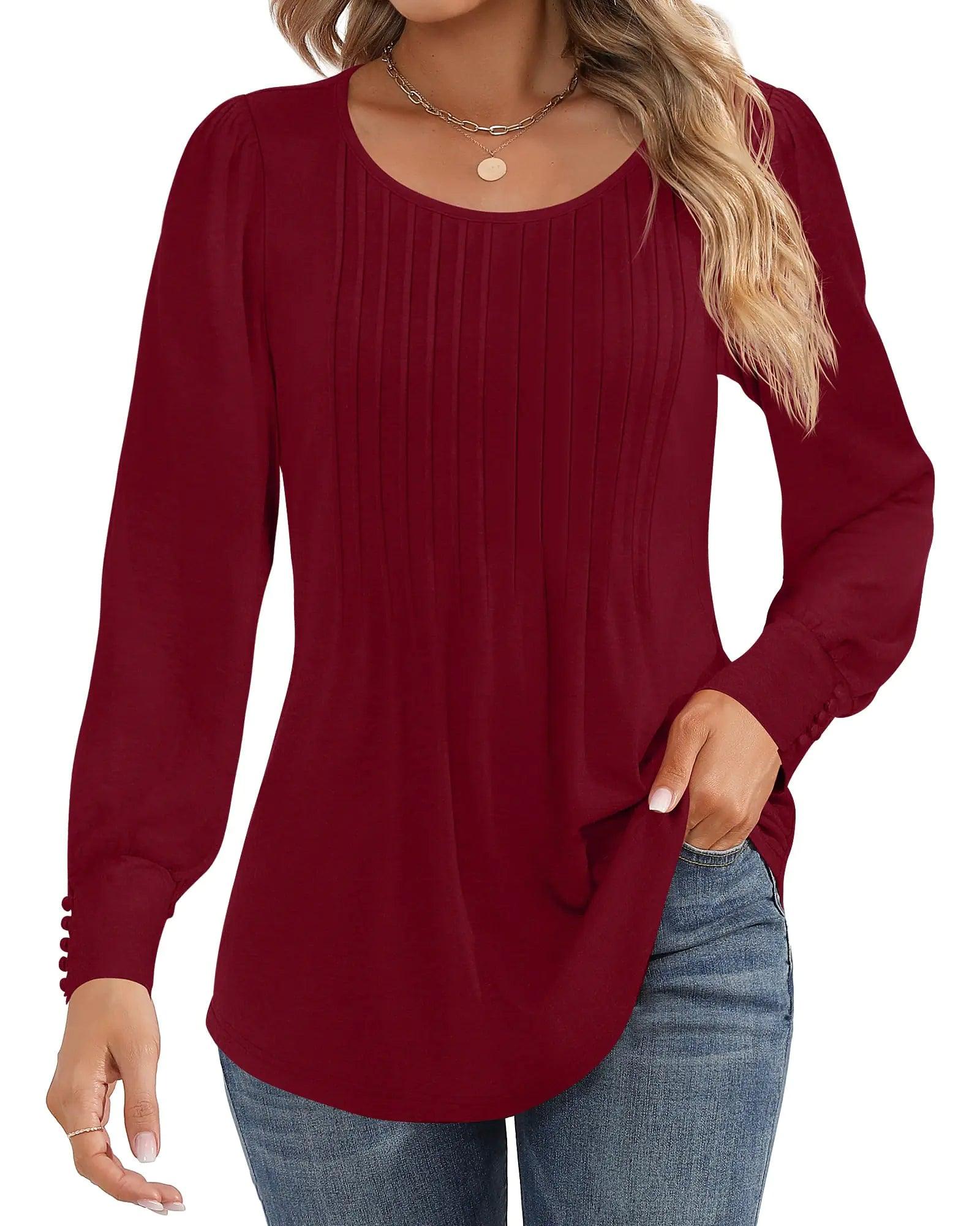 Ficerd Women's Puff Long Sleeve Tunic Tops Pleated Crew Neck Blouses Dressy Casual Loose Fit Fall and Winter Shirts Pink Floral Large - Evallys.com