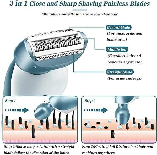 Electric Razors for Women for Legs Bikini Trimmer Electric Shaver for Women Underarm Public Hairs Rechargeable Womens Shaver Wet Dry Use Painless Cordless with Detachable Head (Blue) - Evallys.com # #