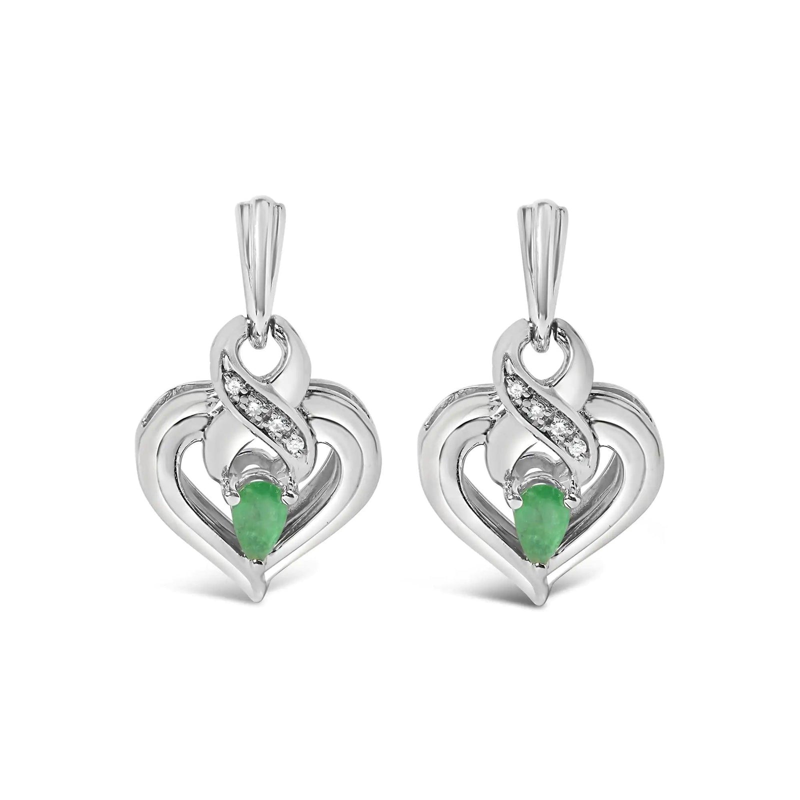 .925 Sterling Silver 5x3mm Pear Emerald Gemstone with Diamond Accent Heart Dangle Stud Earrings (H-I Color, SI1-SI2 Clarity) - Evallys.com # #