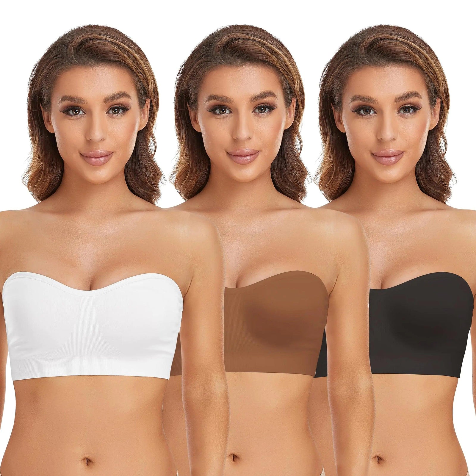 Lusait Strapless Bra for Women Non-Slip Silicone Padded Bandeau Bra Wireless Tube Top Bra X-Large Black+white+brown - Evallys.com # #