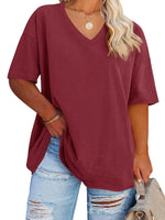 Women's Plus Size V Neck T Shirts Summer Half Sleeve Tees Casual Loose Fit Cotton Tunic Tops XX-Large Plus Khaki - Evallys.com # #