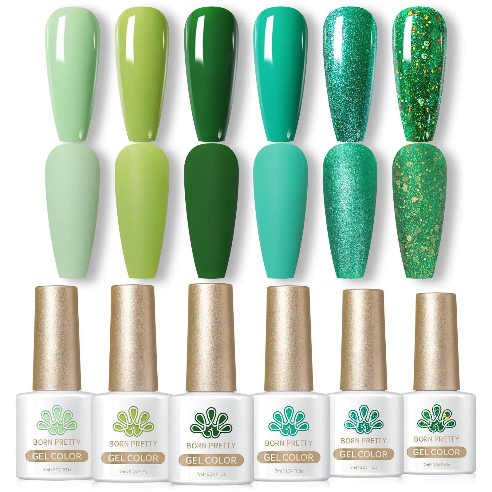 Born Pretty Green Gel Nail Polish, Christmas Carnival Evergreen Gel Nail Polish Set, Glitter Green Sparkle Gel Polish Nail Art Varnish Manicure Collection St. Patrick's Day 6PCS green forest - Evallys.com # #