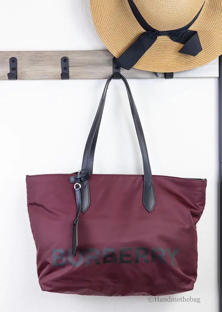 Burberry Medium Burgundy Logo Nylon Tote Shoulder Bag - Evallys.com # #