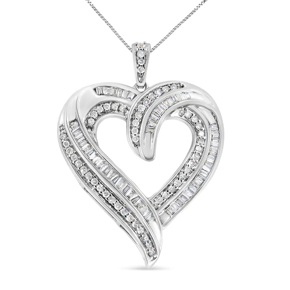 .925 Sterling Silver 3/4 Cttw Round and Baguette-Cut Diamond Open Heart 18" Pendant Necklace (I-J Color, I2-I3 Clarity) - Evallys.com # #