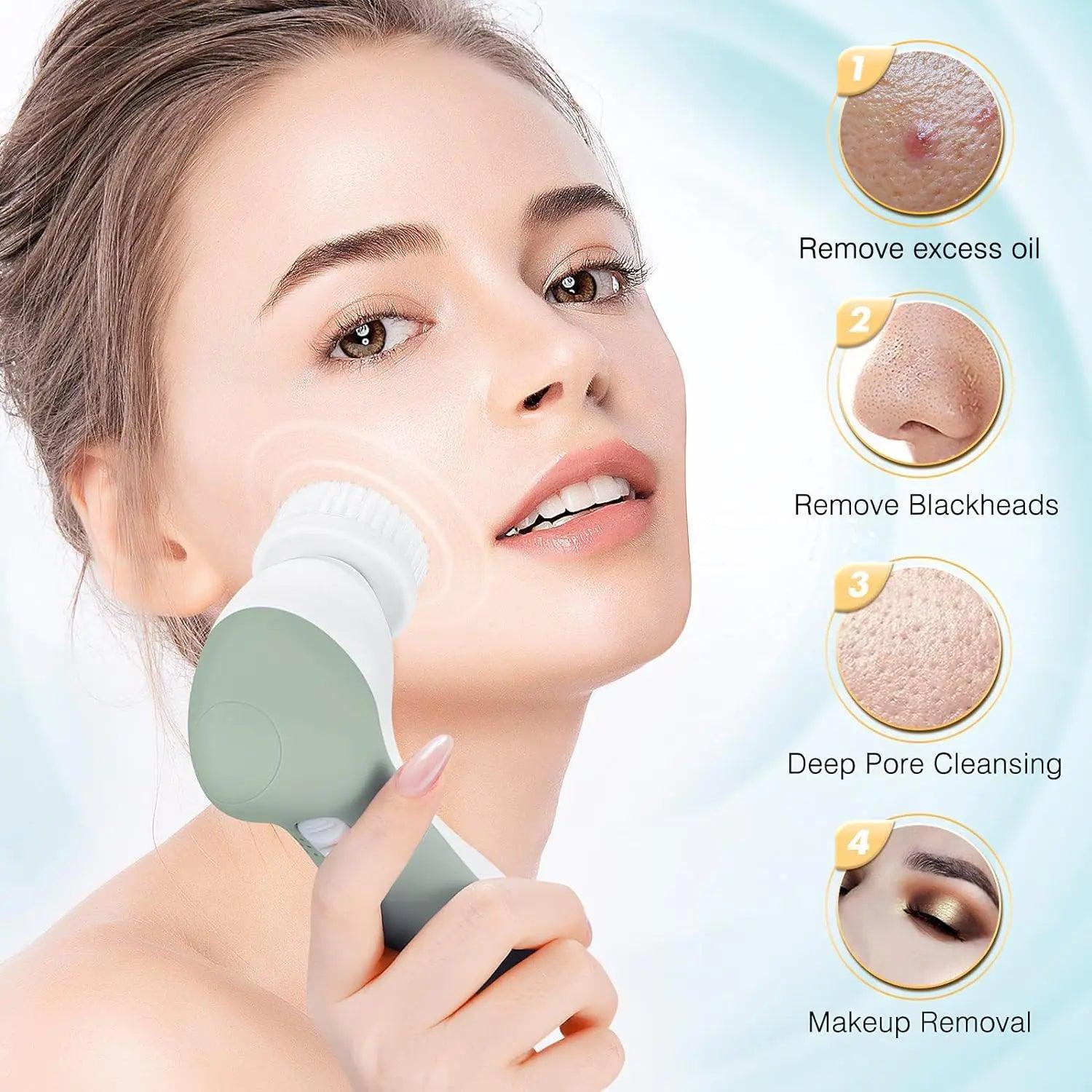 COSLUS Facial Cleansing Brush Silicone Face Scrubber: 7 in 1 FBS-D Electric Exfoliating Rotating Massage Device Waterproof Deep Cleaning Exfoliation Spa Machine - Electronic Skin Care Wash System With 7 brush heads Navy Green - Evallys.com # #