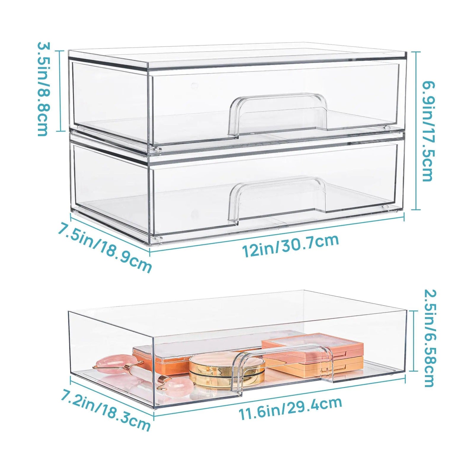 Vtopmart 12''W Clear Stackable Storage Drawers,4 Pack Acrylic Plastic Organizers Bins for Makeup Palettes, Cosmetics, and Beauty Supplies,Ideal for Vanity, Bathroom,Cabinet,Desk Organization 4 - Evallys.com # #