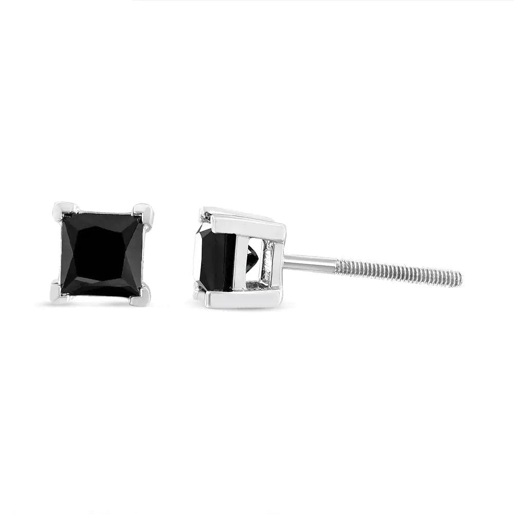 14K White Gold Princess-Cut Treated Black Diamond Classic 4-Prong Stud Earrings - Evallys.com # #