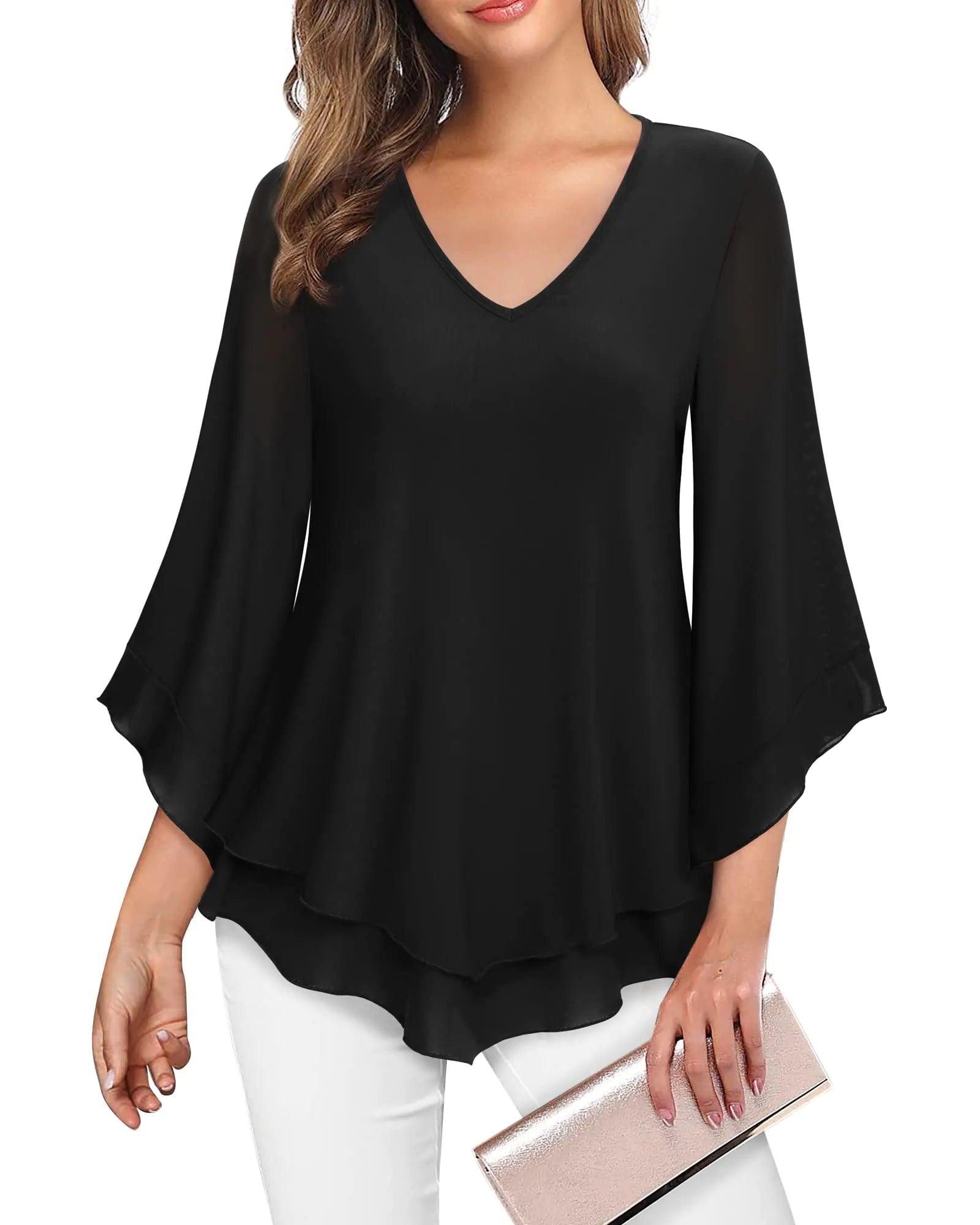 Lotusmile Womens Dressy Blouse Double Layers Mesh Shirt Ruffle 3/4 Flared Sleeve Tunic Tops Black XX-Large - Evallys.com # #