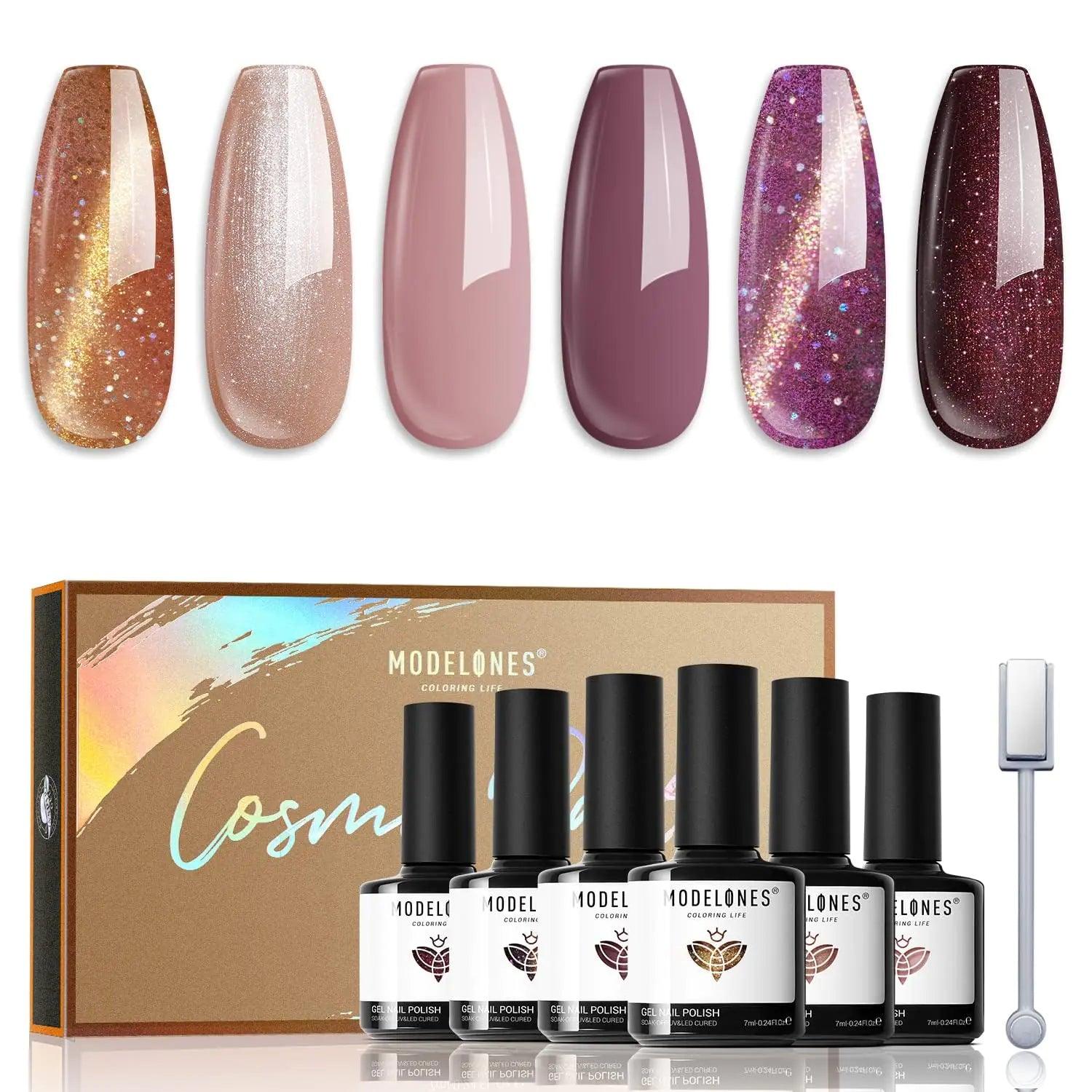 modelones Cat Eye Gel Nail Polish Set 6 Colors, Glitter Nude Shiny Champagne Burgundy Gold Magnetic Effect Sparkle Stunning Home Nail Art Gel Kit Gift A- Cosmo Party - Evallys.com # #