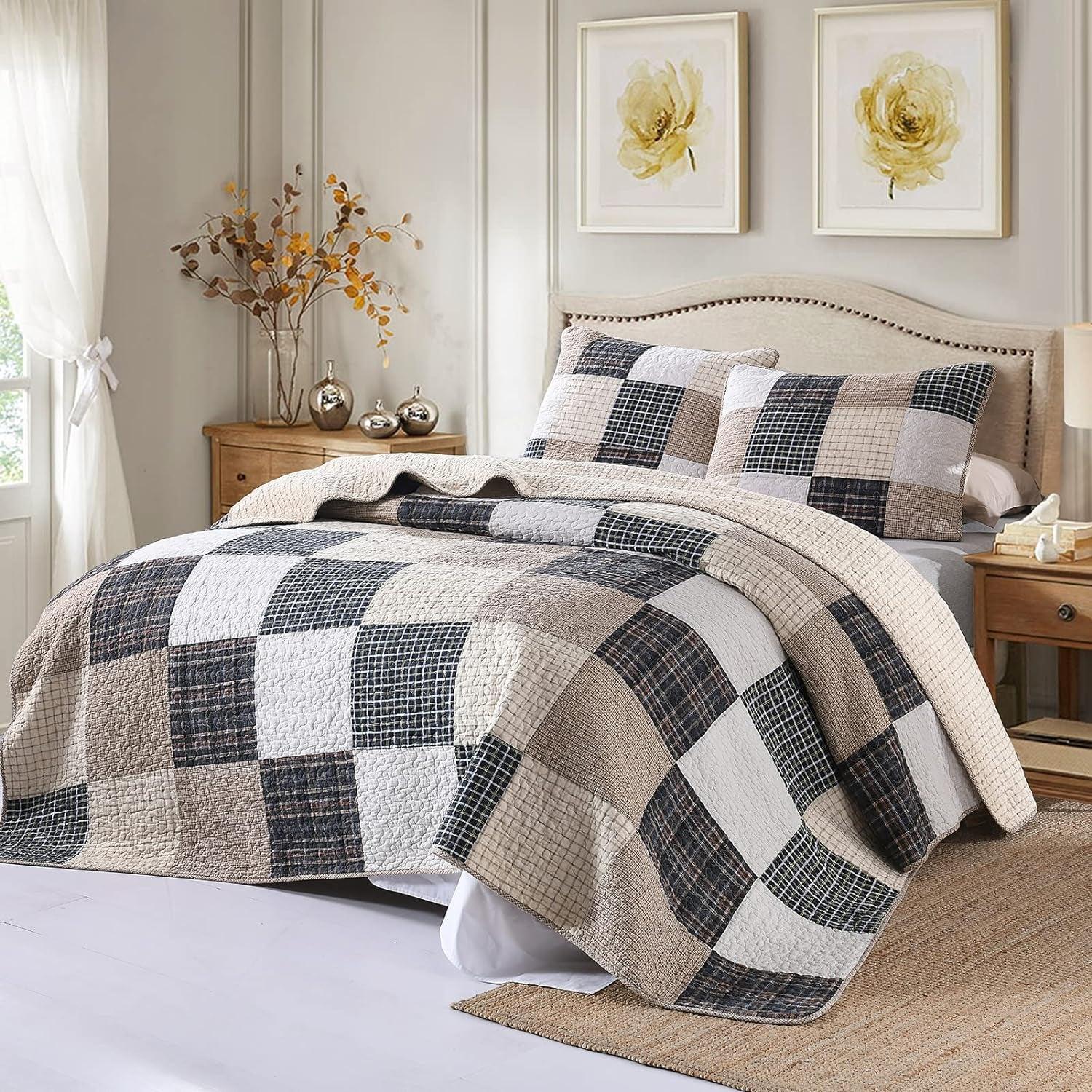 Y-PLWOMEN Quilt 100% Cotton King Size Quilt Set, Brown Khaki Black White Patchwork Plaid Bedspread, Lightweight Reversible Soft Summer Quilt Bedding Set, 3-Pieces - Evallys.com # #