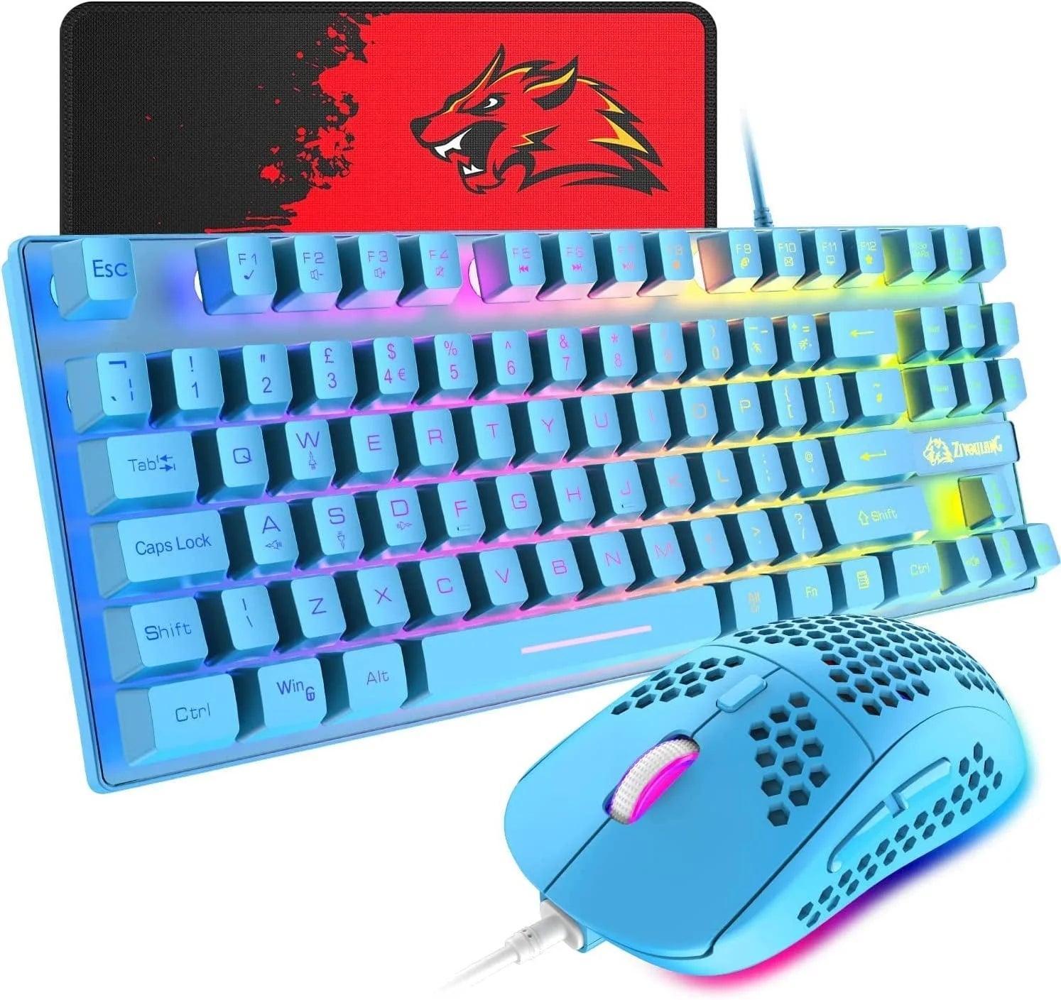 Gaming Keyboard and Mouse Combo, 88 Keys Compact Rainbow Backlit Mechanical Touch Keyboard, RGB Backlit 6400 DPI Lightweight Gaming Mouse with Honeycomb Case for Windows PC Gamers (Blue) - Evallys.com # #