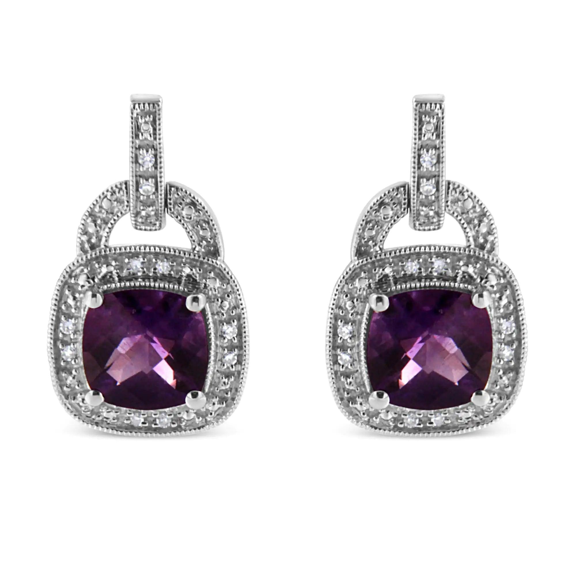 .925 Sterling Silver 8MM Natural Cushion Shaped Amethyst and Diamond Accent Halo with Push Back Dangle Earrings (I-J Color, I2-I3 Clarity) - Evallys.com # #