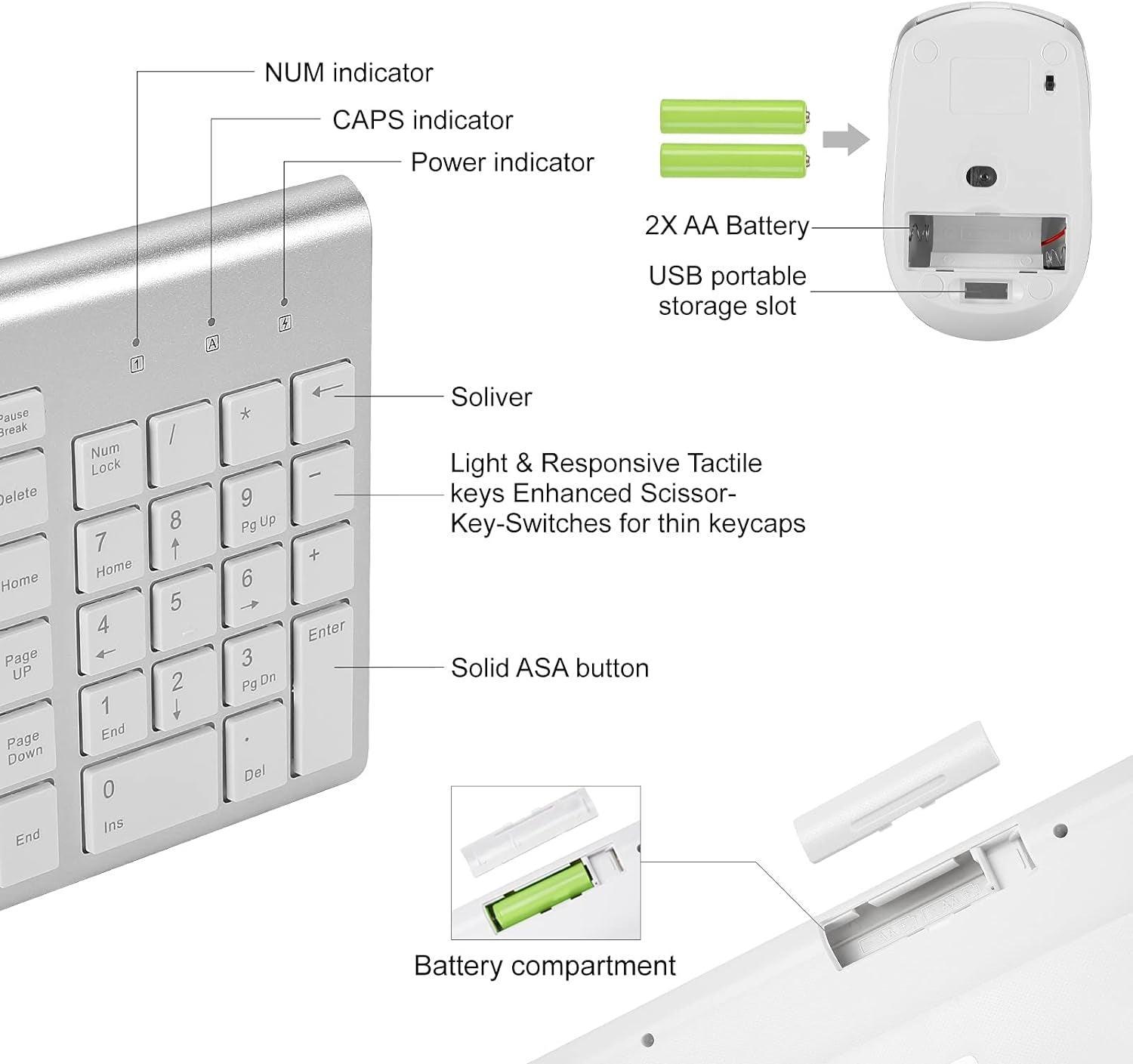 Wireless Keyboard and Mouse Combination, USB Ultra-Thin 2.4G Wireless Mouse, Compact Full-Size Digital Keyboard Laptop (Silvery White) - Evallys.com # #