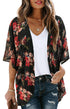 Women's Floral Print Puff Sleeve Kimono Cardigan Loose Cover Up Casual Blouse Tops Small Orange Black - Evallys.com