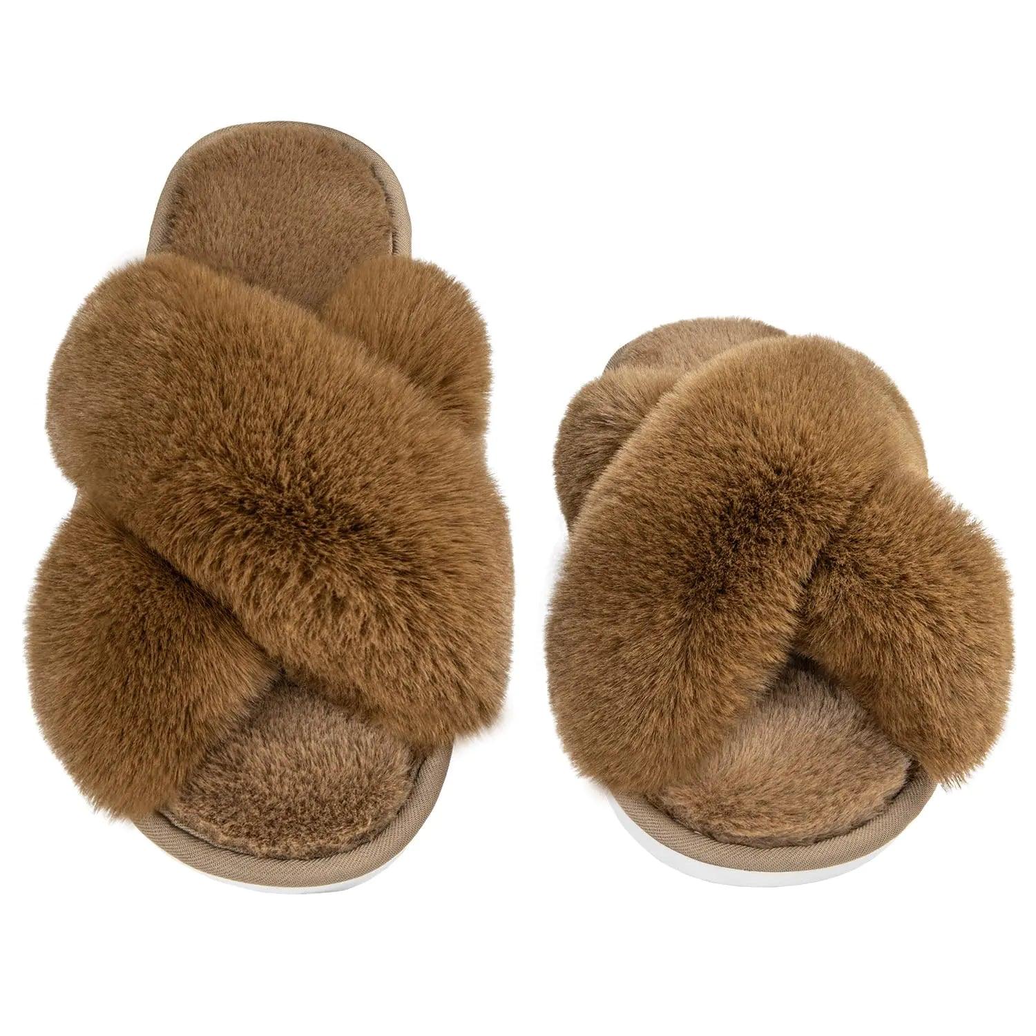 Metog Women's Fuzzy Slippers House Slippers Cross Band Slippers Indoor Outdoor Soft Open Toe Slippers 5-6 Brown - Evallys.com # #