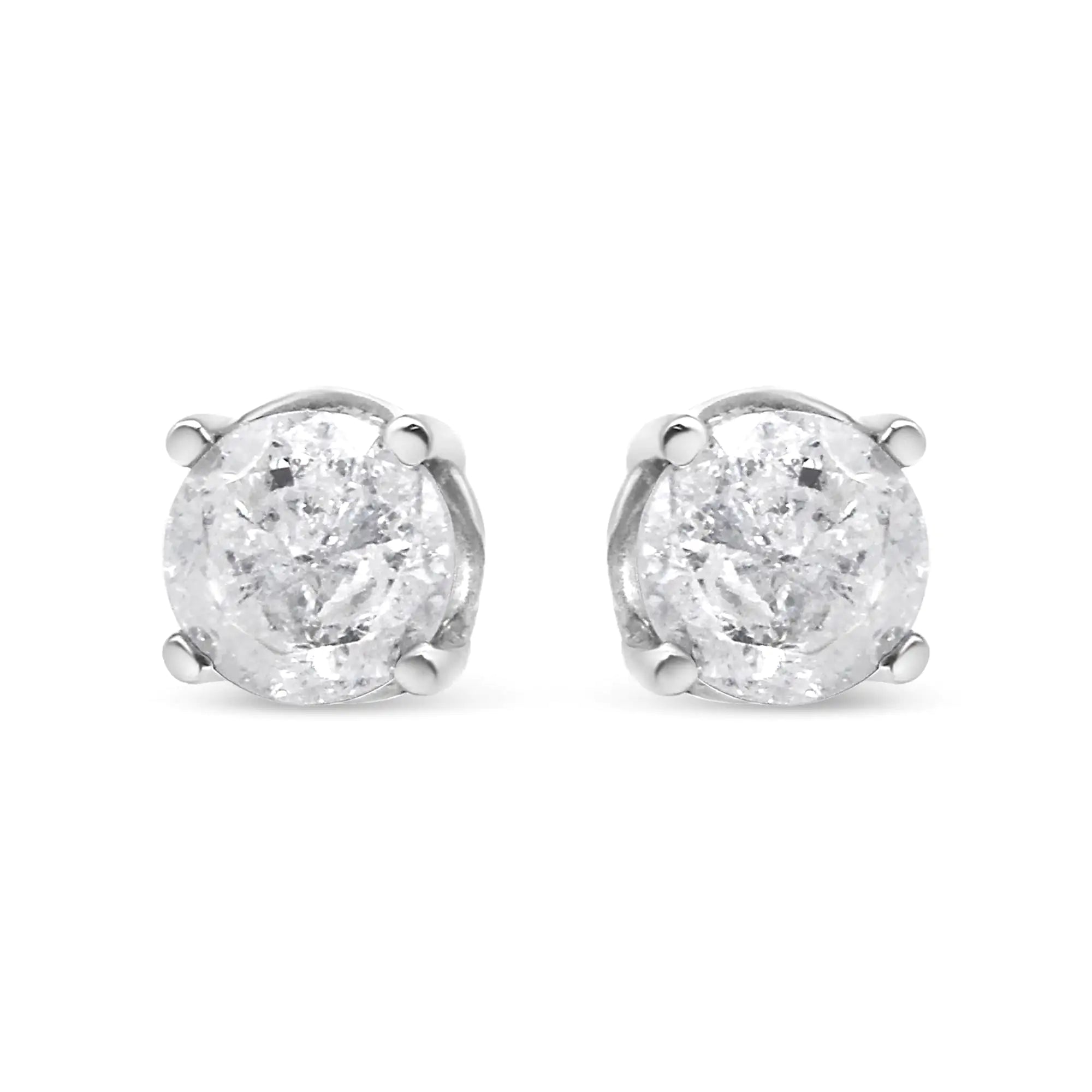 .925 Sterling Silver 4-Prong Round-cut "Salt and Pepper" Diamond Classic Stud Earrings (I-J Color, I3 Clarity) - Evallys.com # #