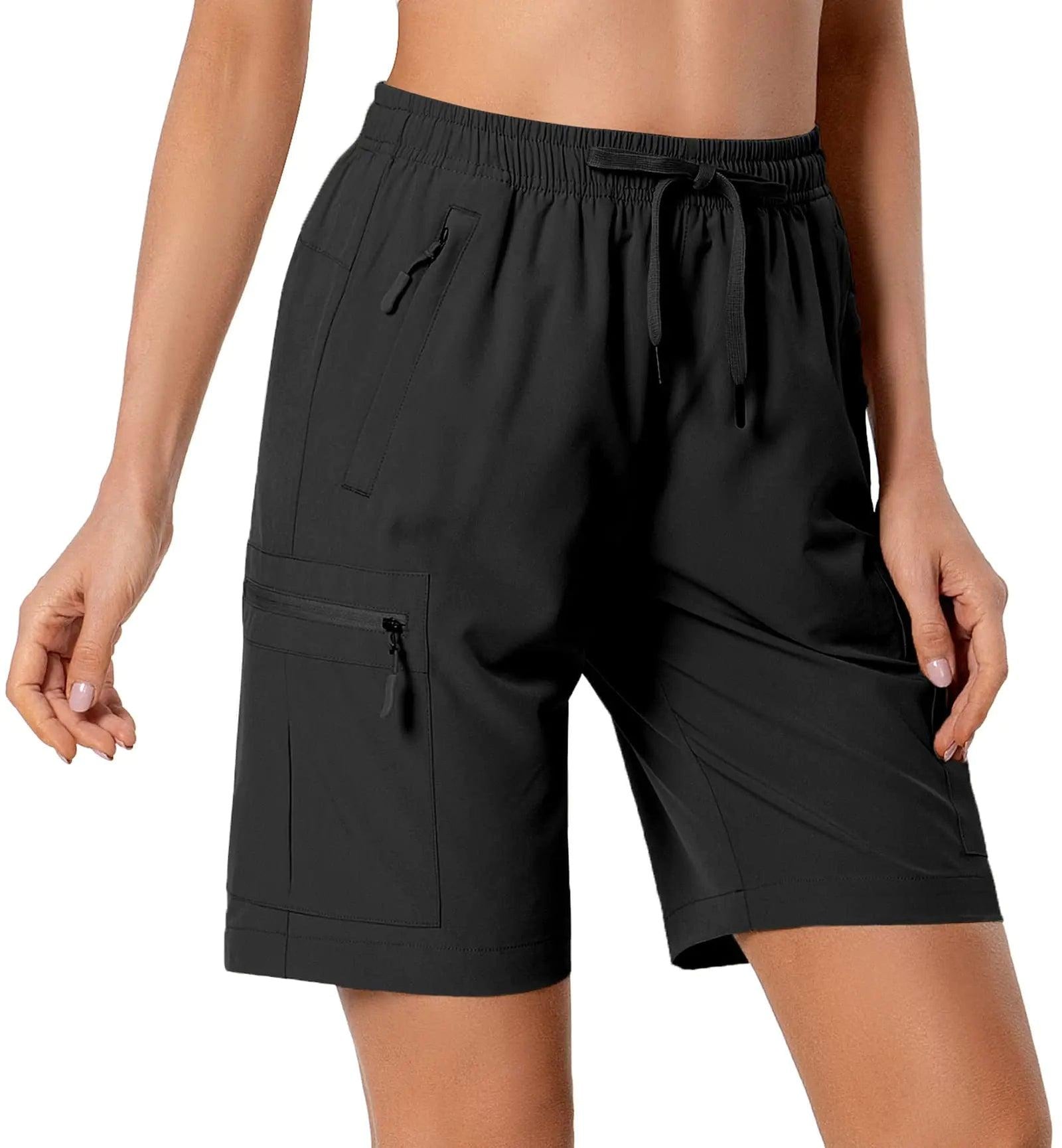 Women's Lightweight Hiking Cargo Shorts Quick Dry Athletic Shorts for Camping Travel Golf with Zipper Pockets Water Resistant Medium Black - Evallys.com # #