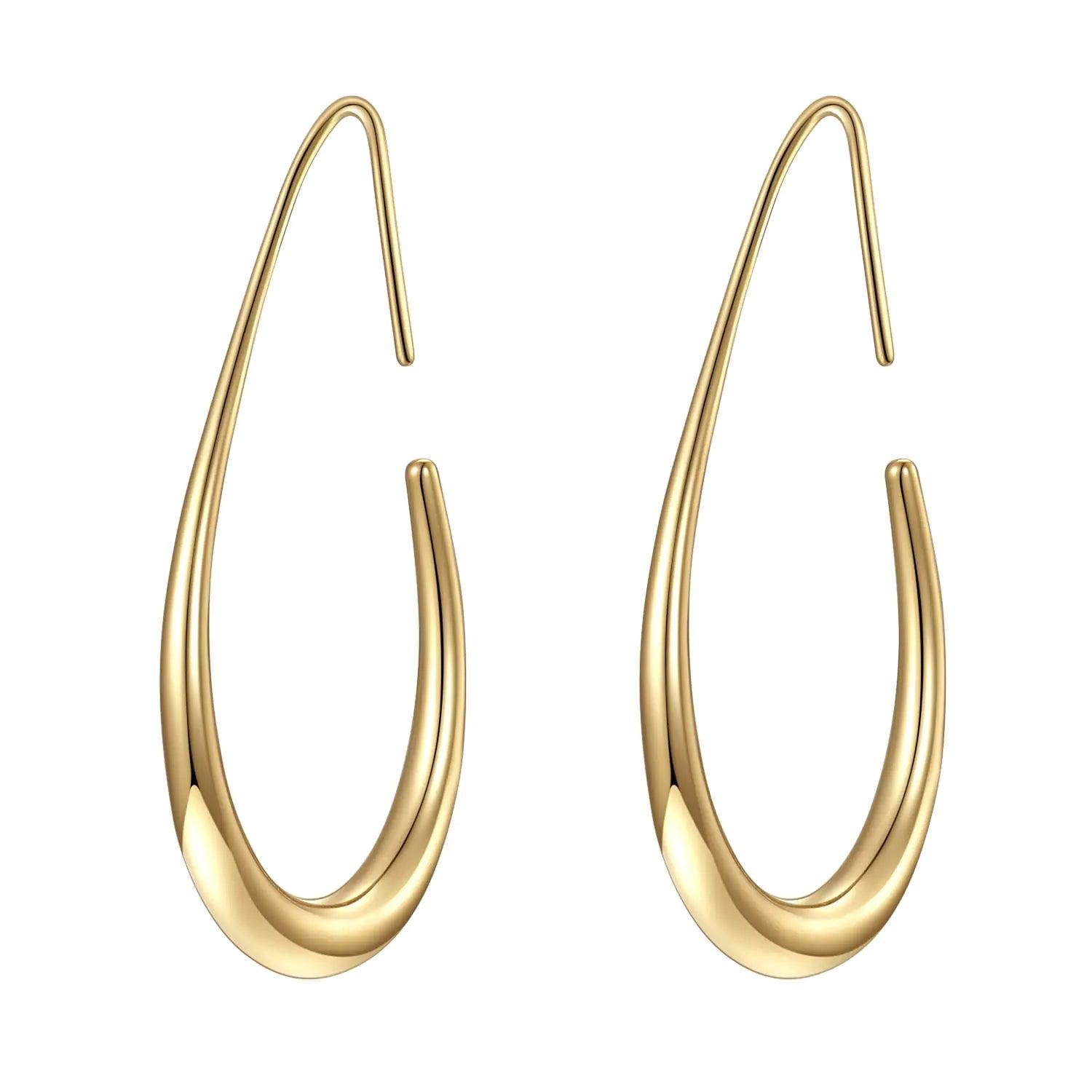 Lightweight Teardrop Hoop Earrings for Women - 14k Gold/White Gold Plated Large Oval Pull Through Hoop Earrings High Polished Statement Jewelry Gift for Women - Evallys.com # #