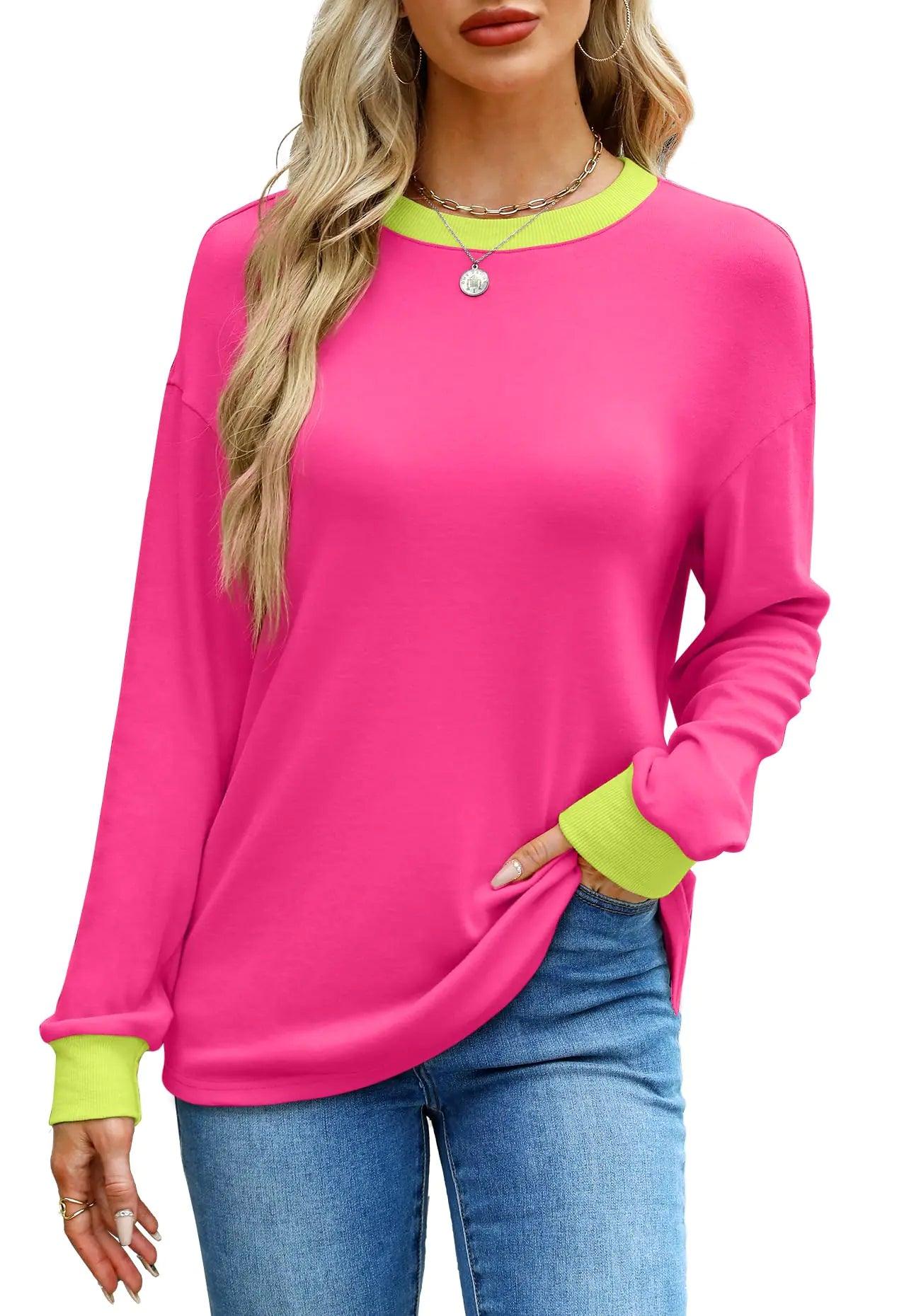 WIHOLL Womens Tunic Tops Long Sleeve Striped Shirts Crewneck Tops Plain Hot Pink X-Large - Evallys.com # #