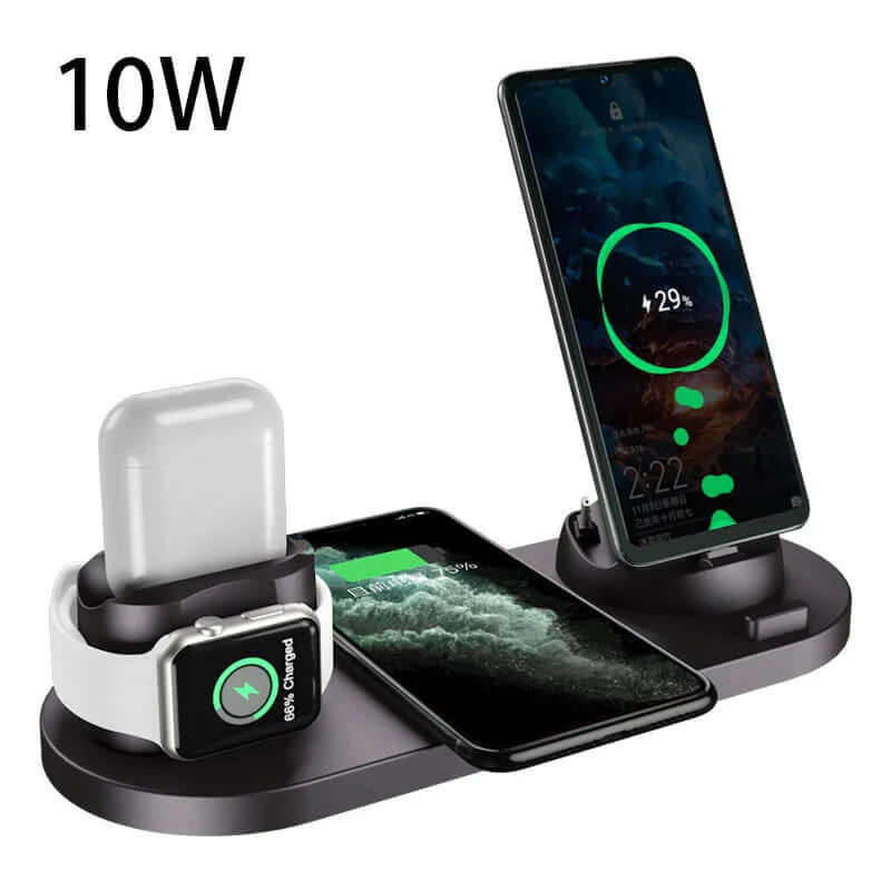 Wireless charging dock station with 10W output, compatible with iPhone, AirPods, and Apple Watch, showing fast charging status.