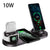Wireless charging dock station with 10W output, compatible with iPhone, AirPods, and Apple Watch, showing fast charging status.