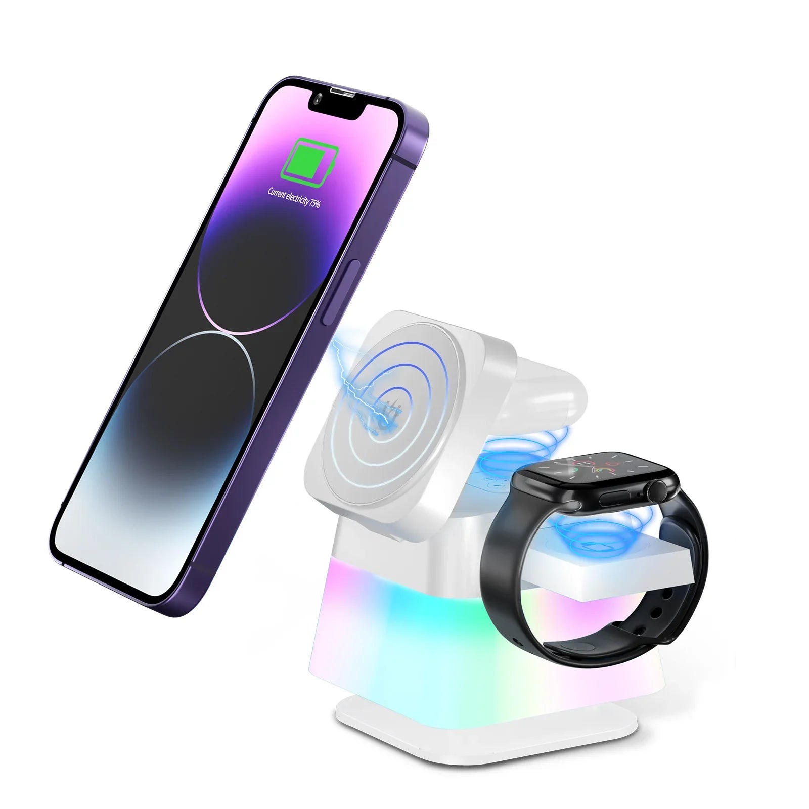 4 In 1 Rotatable Colorful Lighting Wireless Charger Stand For Phone 15 14 13 12 Pro Max 8 7 Holder Magnetic Fast Charging Station - Evallys.com