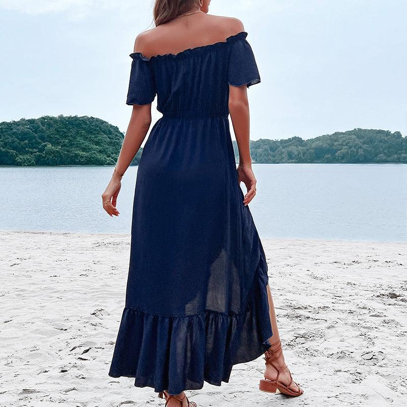 Irregular ruffled female dress with one-line collar tether - Evallys.com # #