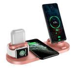 Wireless charger station for iPhone, AirPods, and Apple Watch with fast charging capabilities.