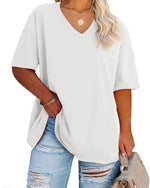 Women's Plus Size V Neck T Shirts Summer Half Sleeve Tees Casual Loose Fit Cotton Tunic Tops XX-Large Plus Khaki - Evallys.com