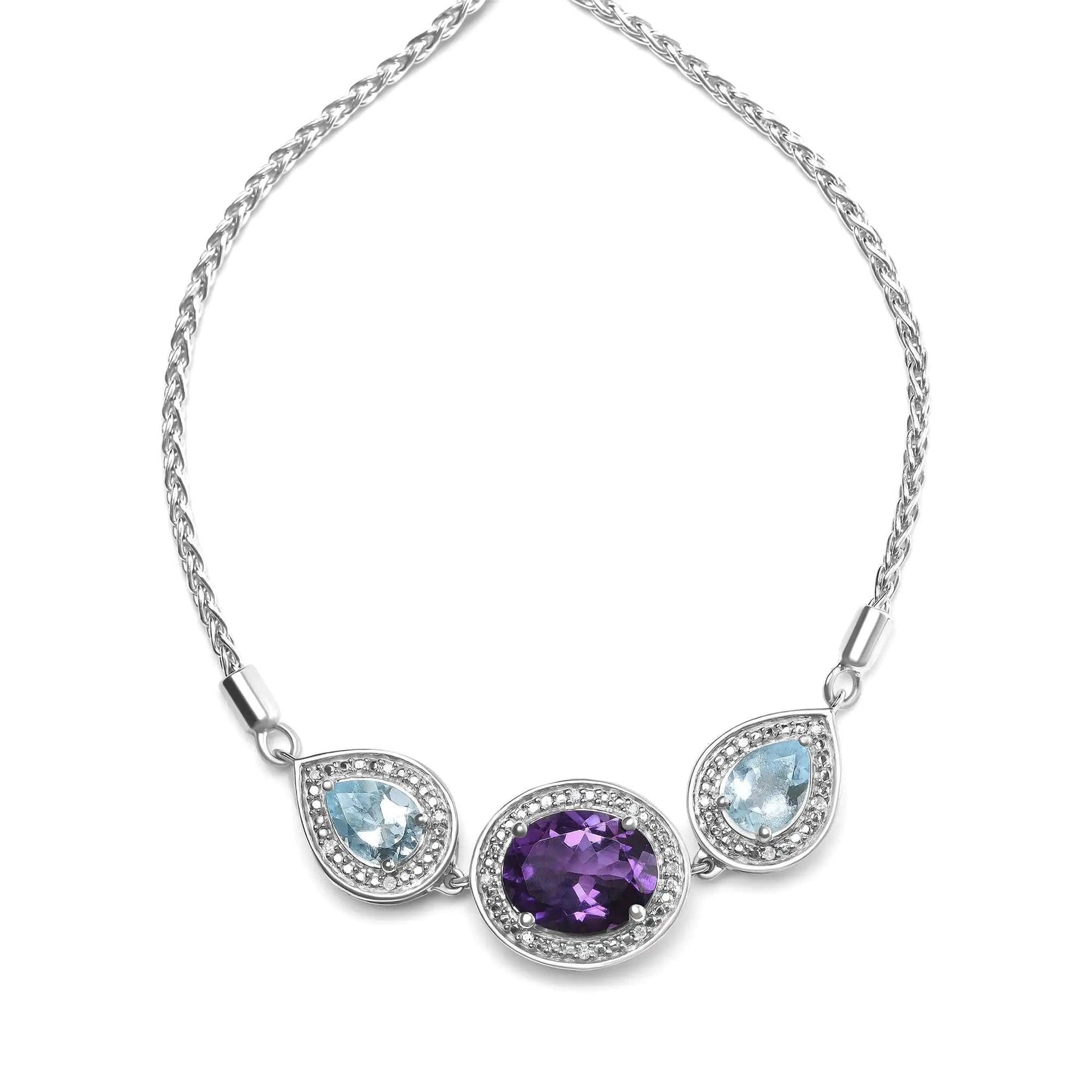 .925 Sterling Silver Oval Amethyst and Pear Blue Topaz with Diamond Accent Lariat 4”-10” Adjustable Bolo Bracelet (H-I Color, SI1-SI2 Clarity) - Evallys.com # #