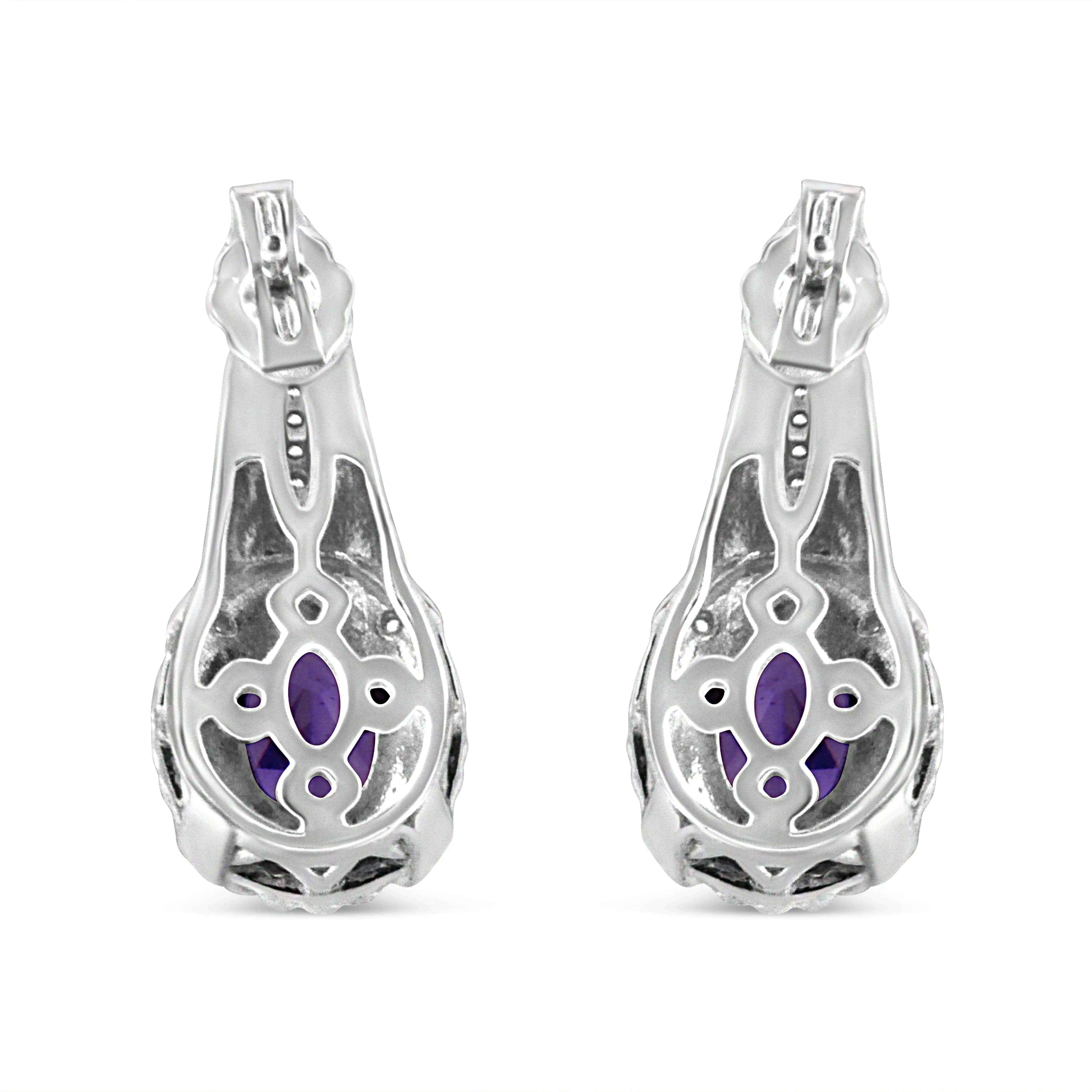 .925 Sterling Silver 8x6 MM Natural Oval Purple Amethyst Gemstone and Diamond Accent Art Deco Style Drop and Dangle Earrings (I-J Color, I1-I2 Clarity) - Evallys.com # #