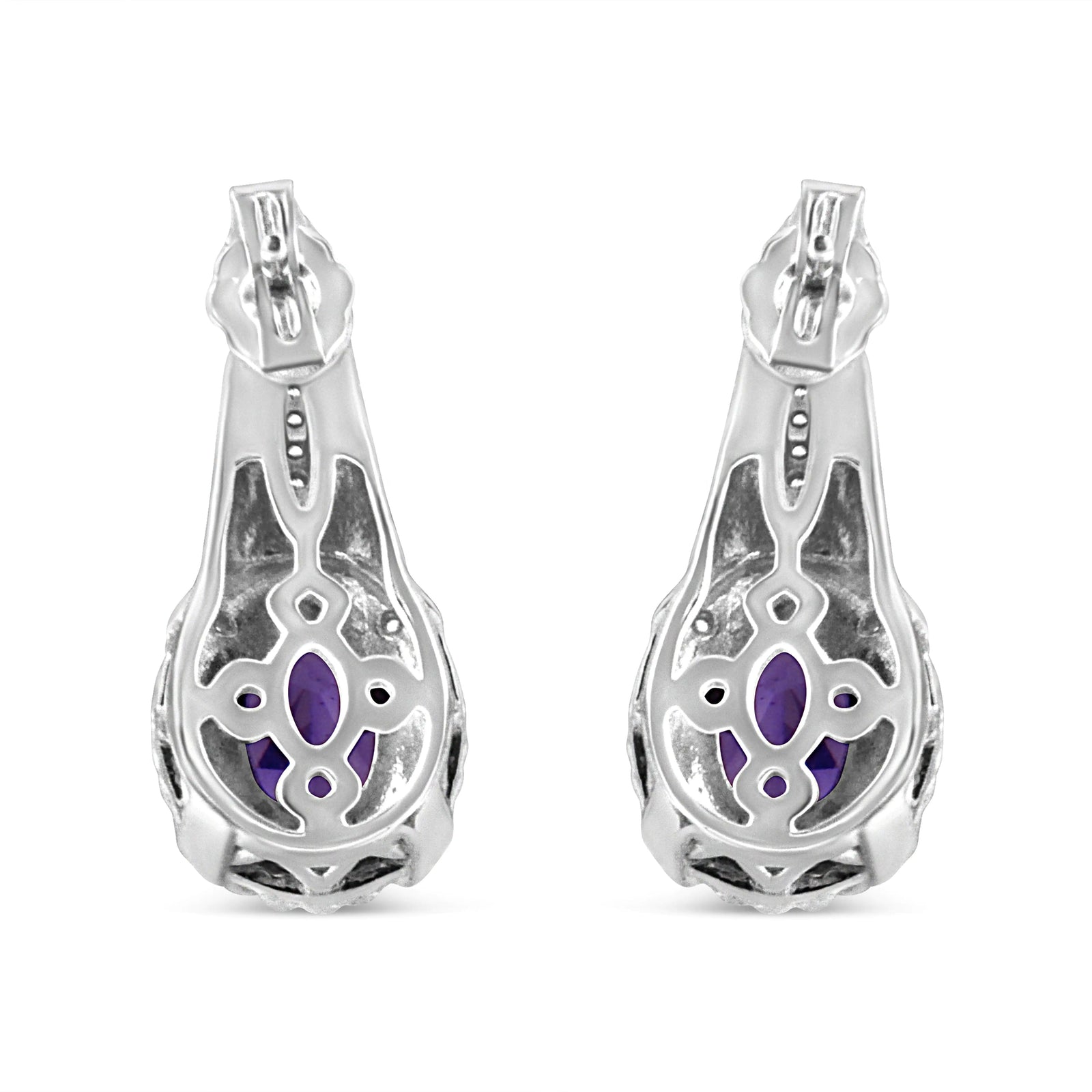 .925 Sterling Silver 8x6 MM Natural Oval Purple Amethyst Gemstone and Diamond Accent Art Deco Style Drop and Dangle Earrings (I-J Color, I1-I2 Clarity) - Evallys.com # #