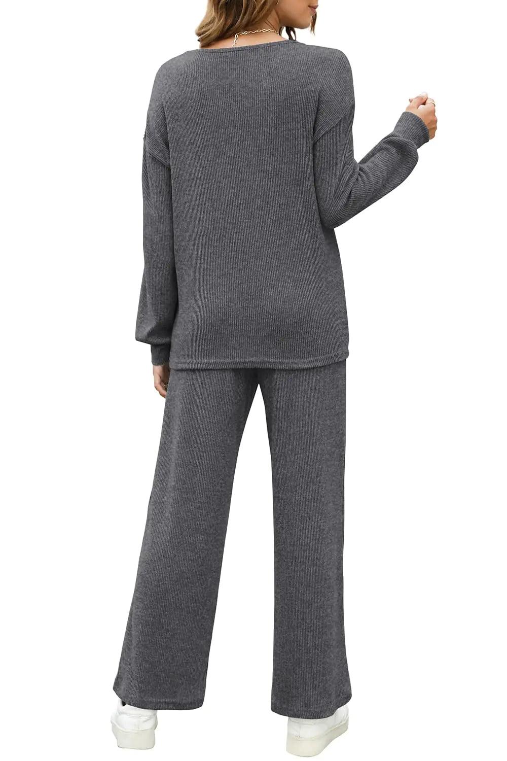 WIHOLL Womens Sweatsuits Sets Long Sleeve Crewneck Top Wide Leg Pants Two Piece Outfits Dark Gray Small - Evallys.com # #